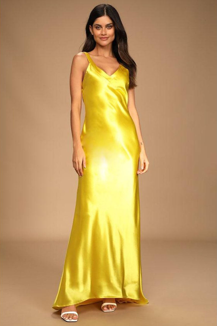 Robe maxi de soirée jaune uni à dos croisé