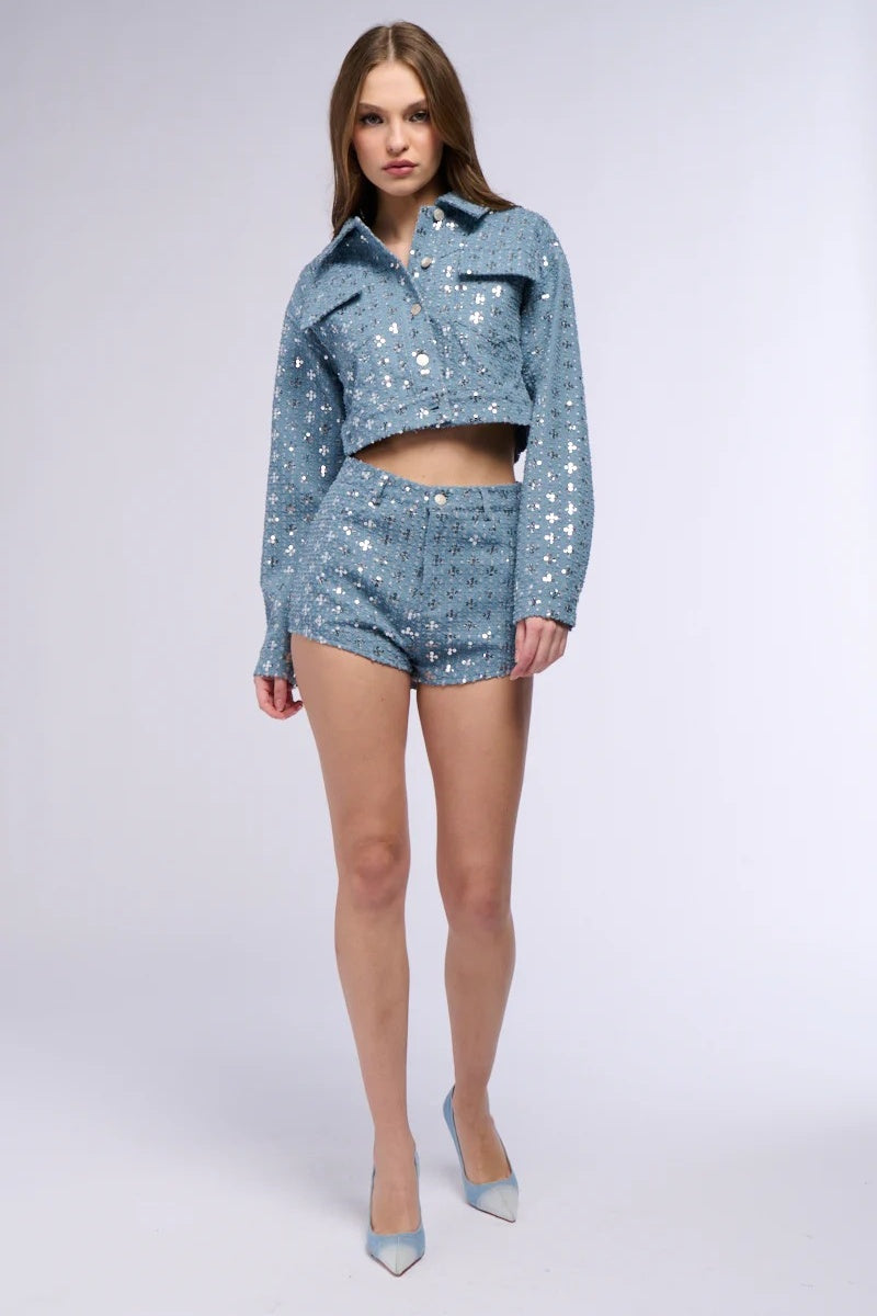 Textured Sequined Denim Mini Set