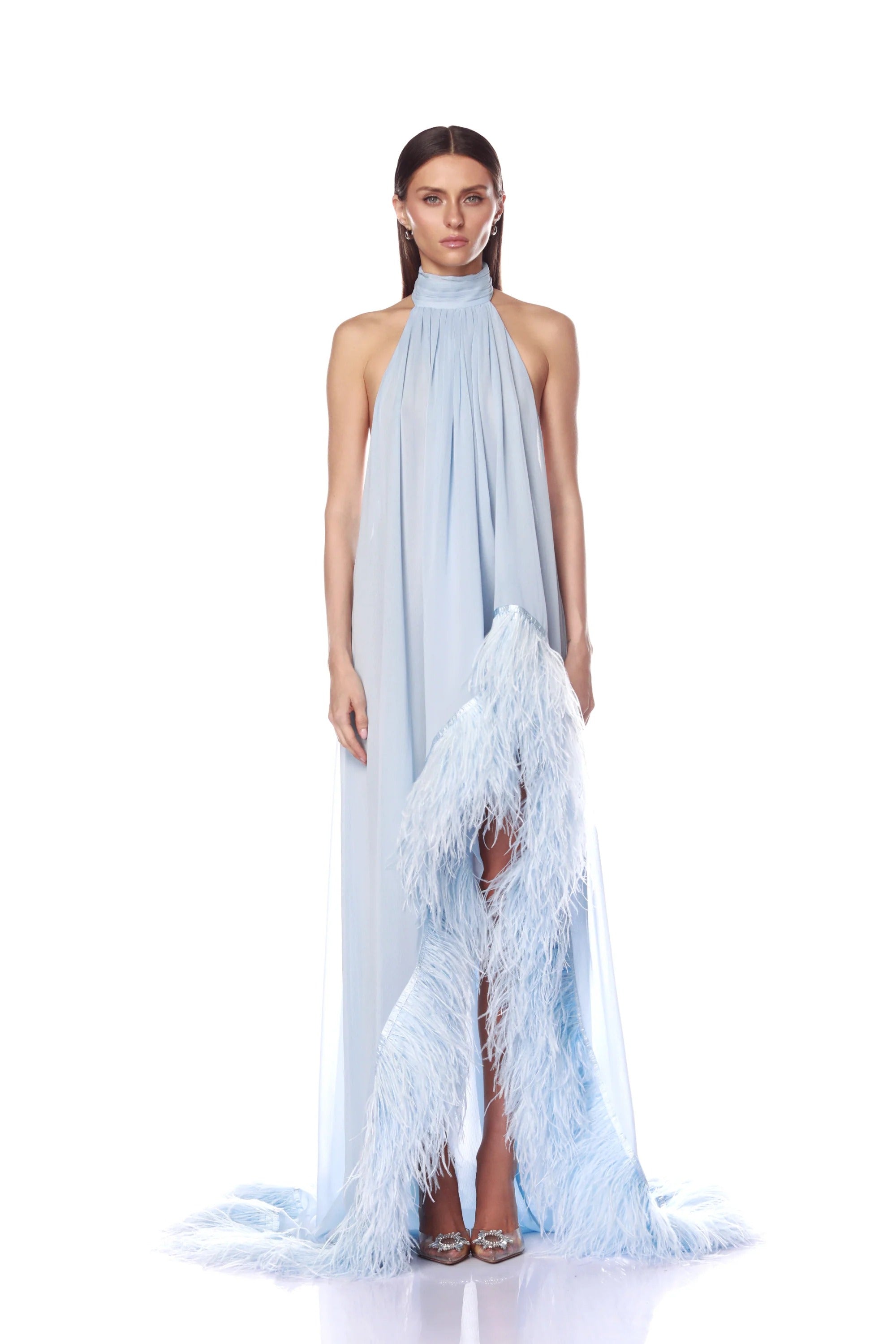 Ethereal Red Carpet Feather Train Maxi Dress