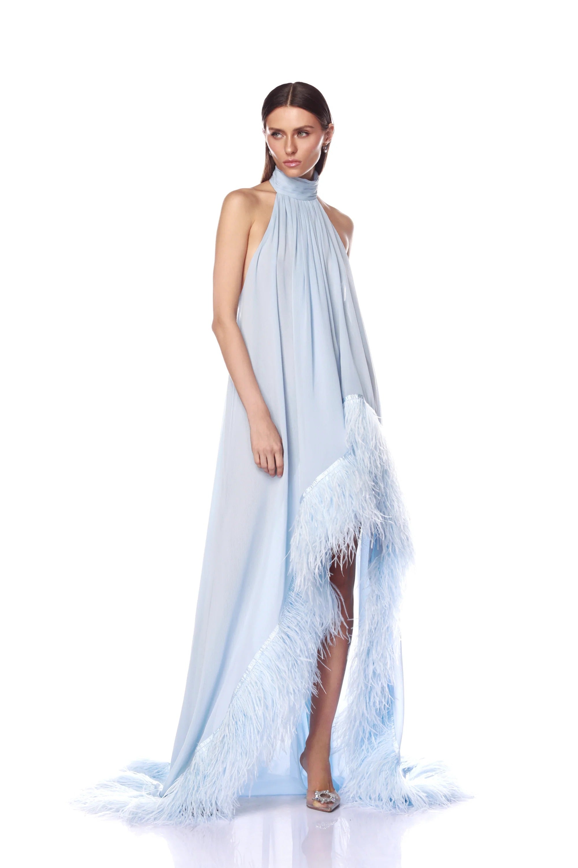Ethereal Red Carpet Feather Train Maxi Dress
