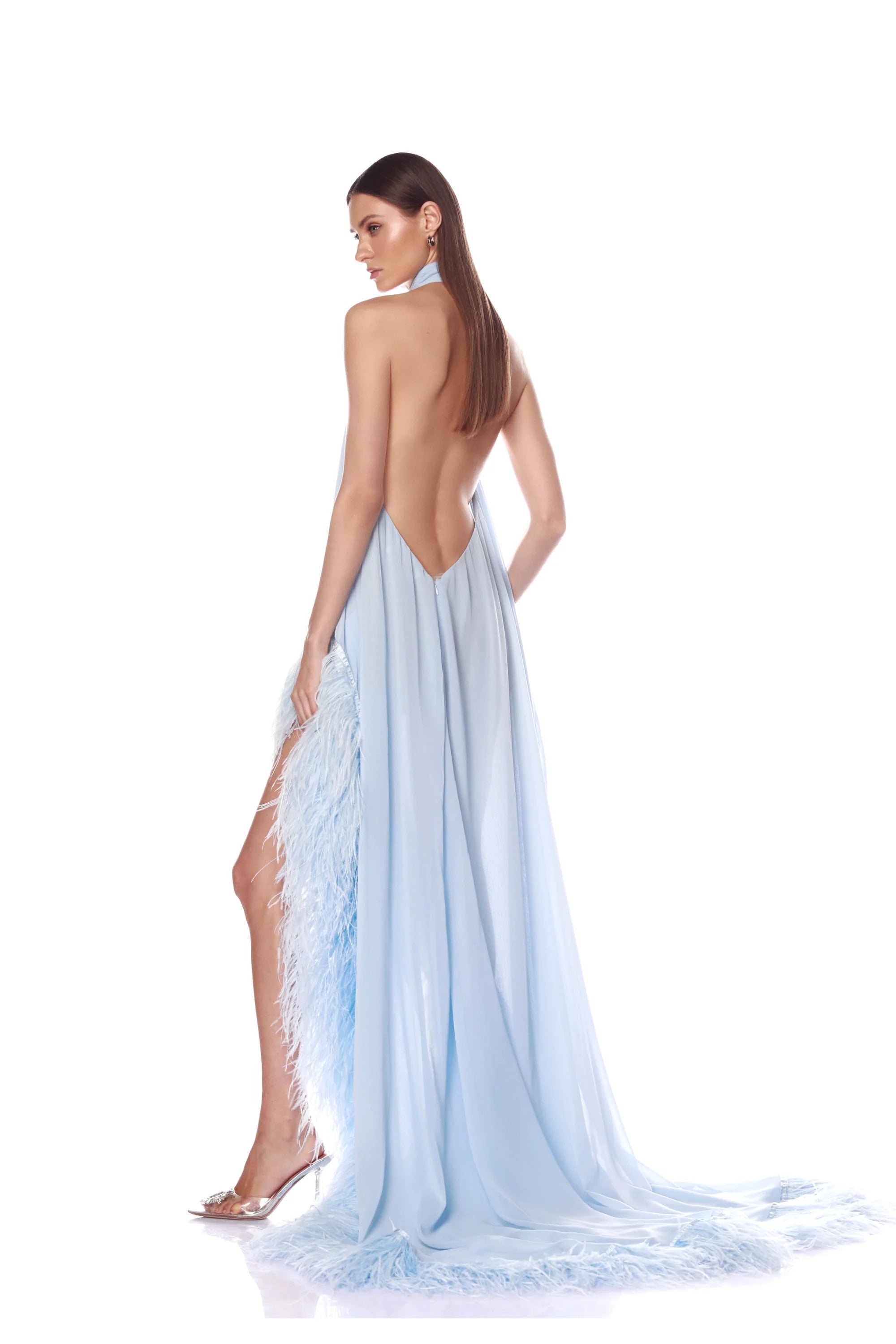 Ethereal Red Carpet Feather Train Maxi Dress