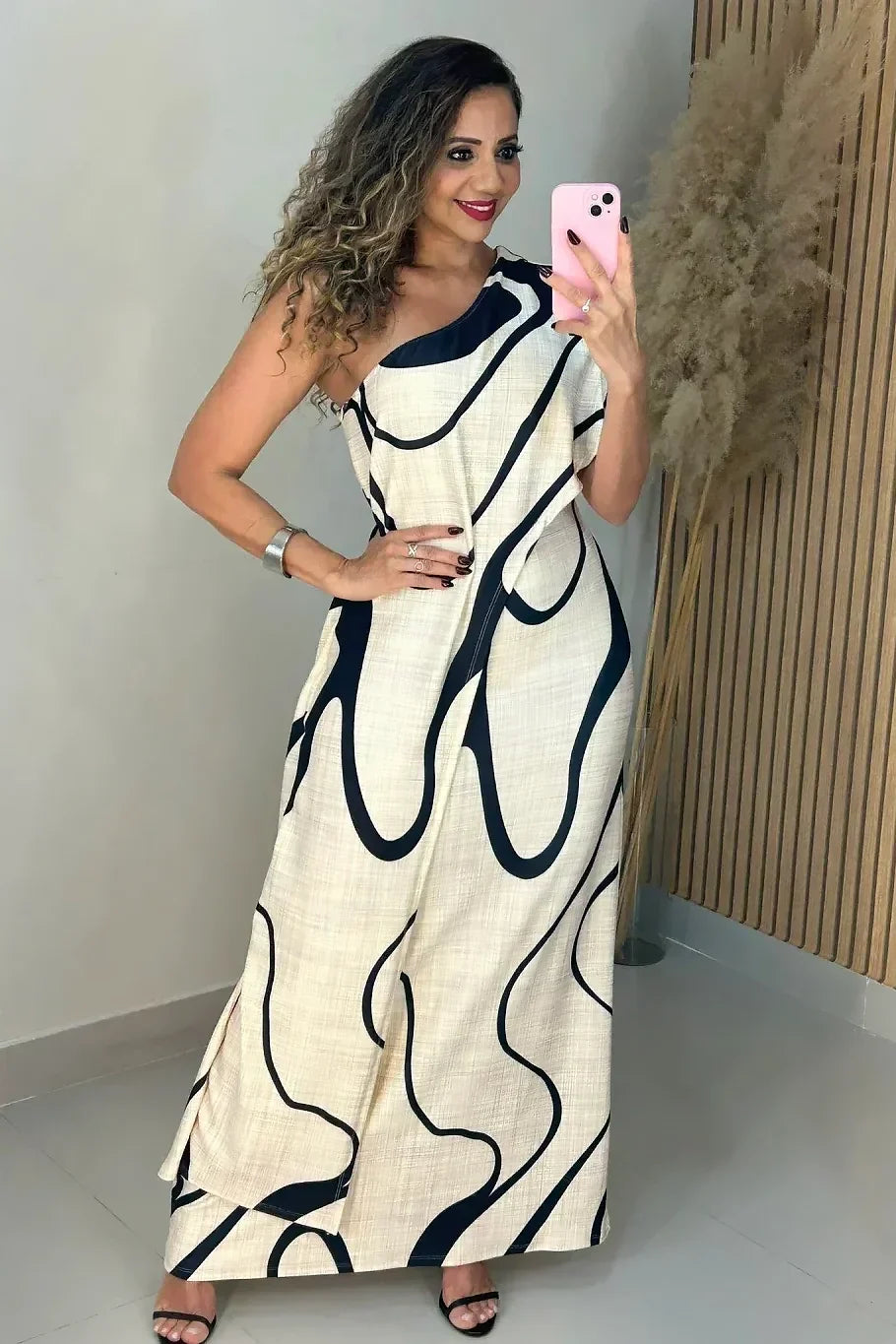 Abstract Wave One-Shoulder Maxi Dress