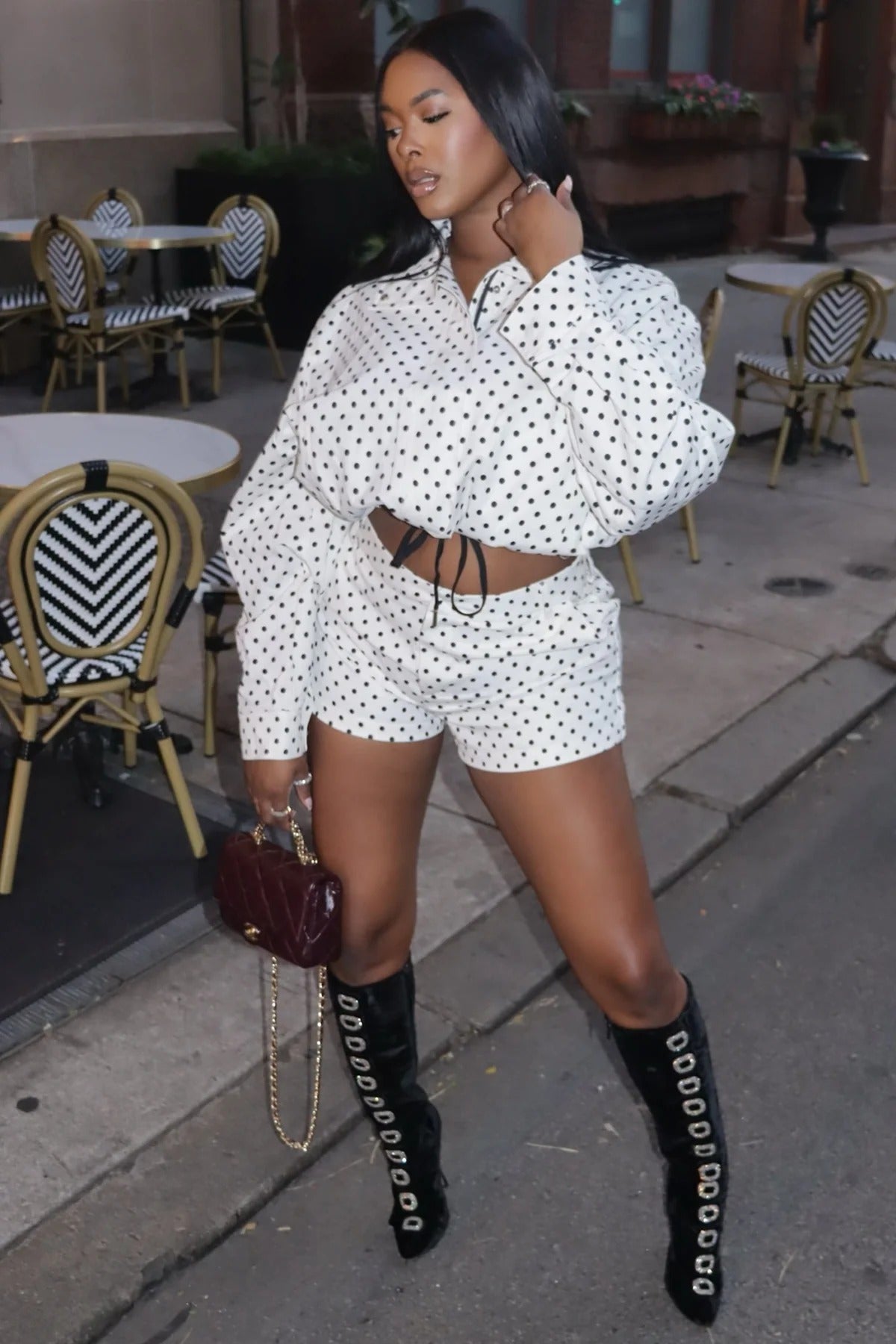 Stand Collar Polka Dot Shorts Set