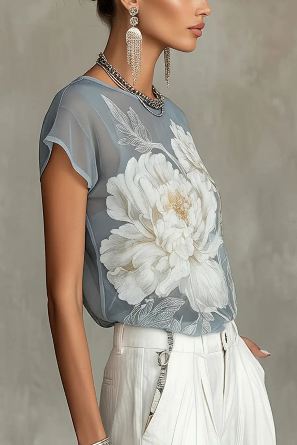 Blue Floral Chiffon Blouse