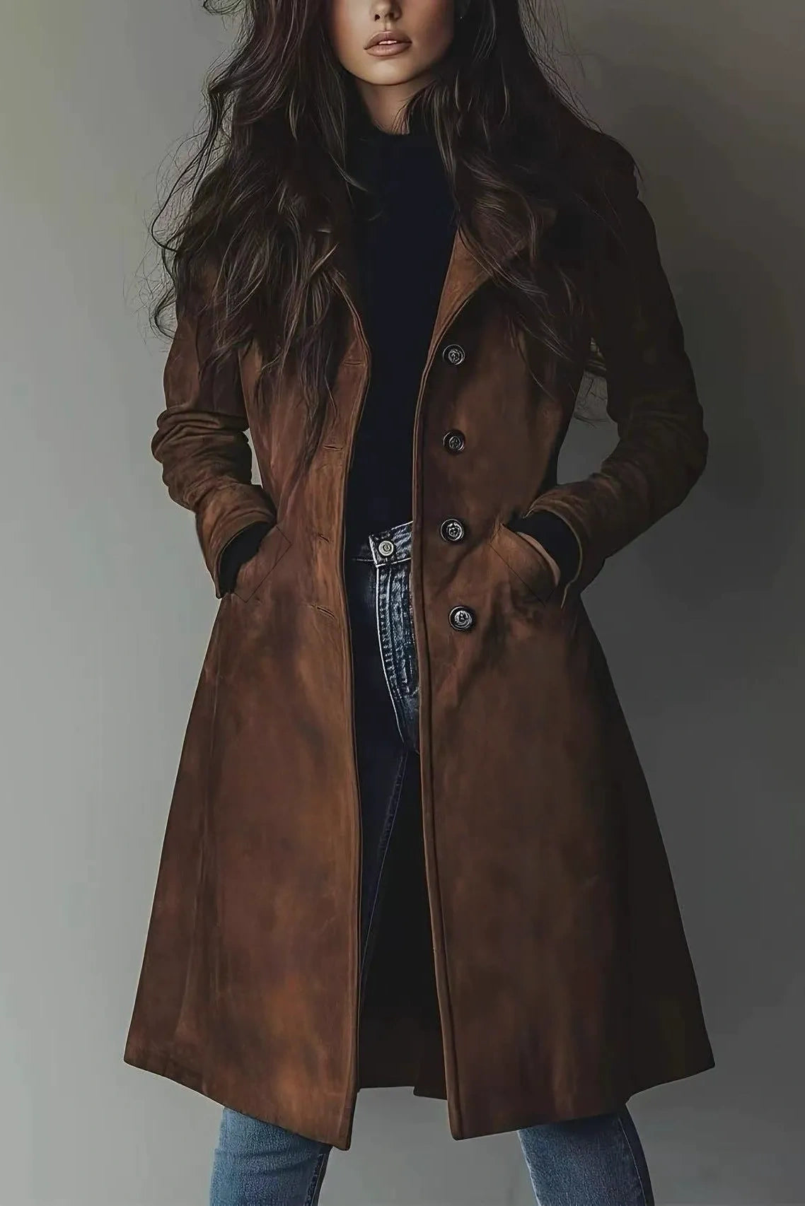 Long Button-Front Trench Coat