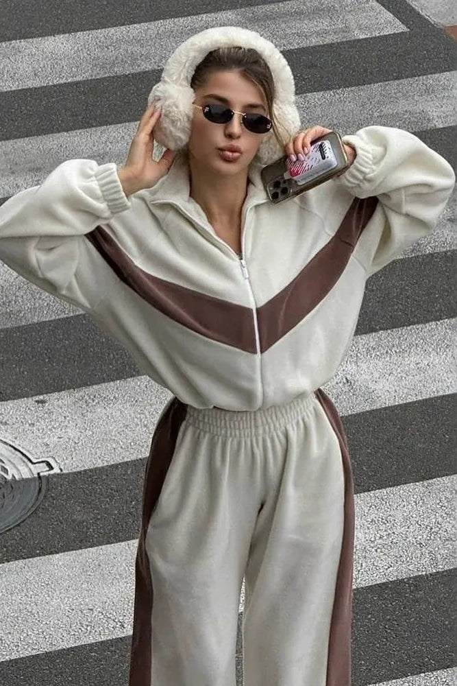 Vintage braunes Samt-Hoodie- und locker sitzendes Hosen-Set (inkl. Gürtel)