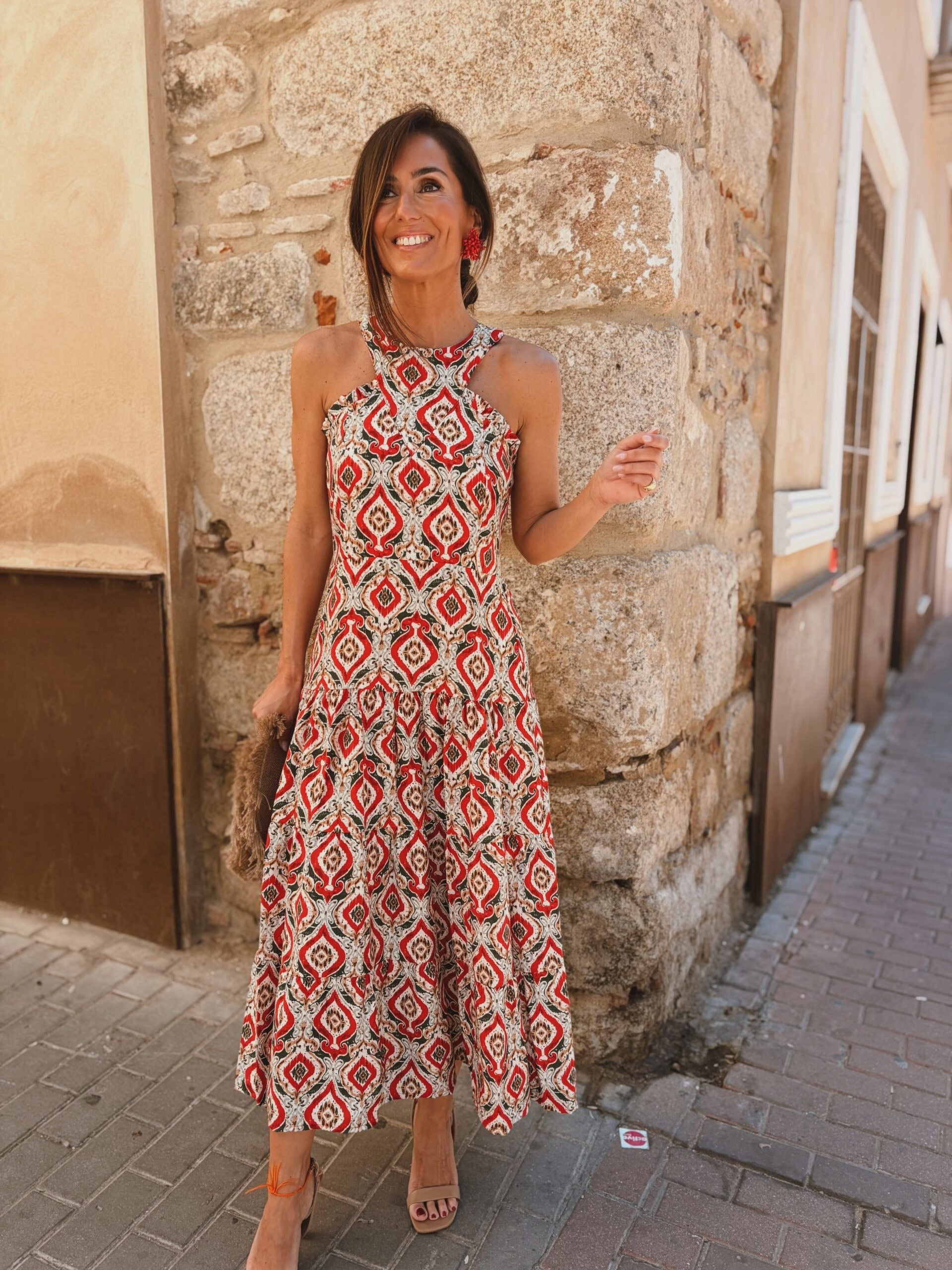 Abito Midi a Balze con Scollo all'Americana Geometrico