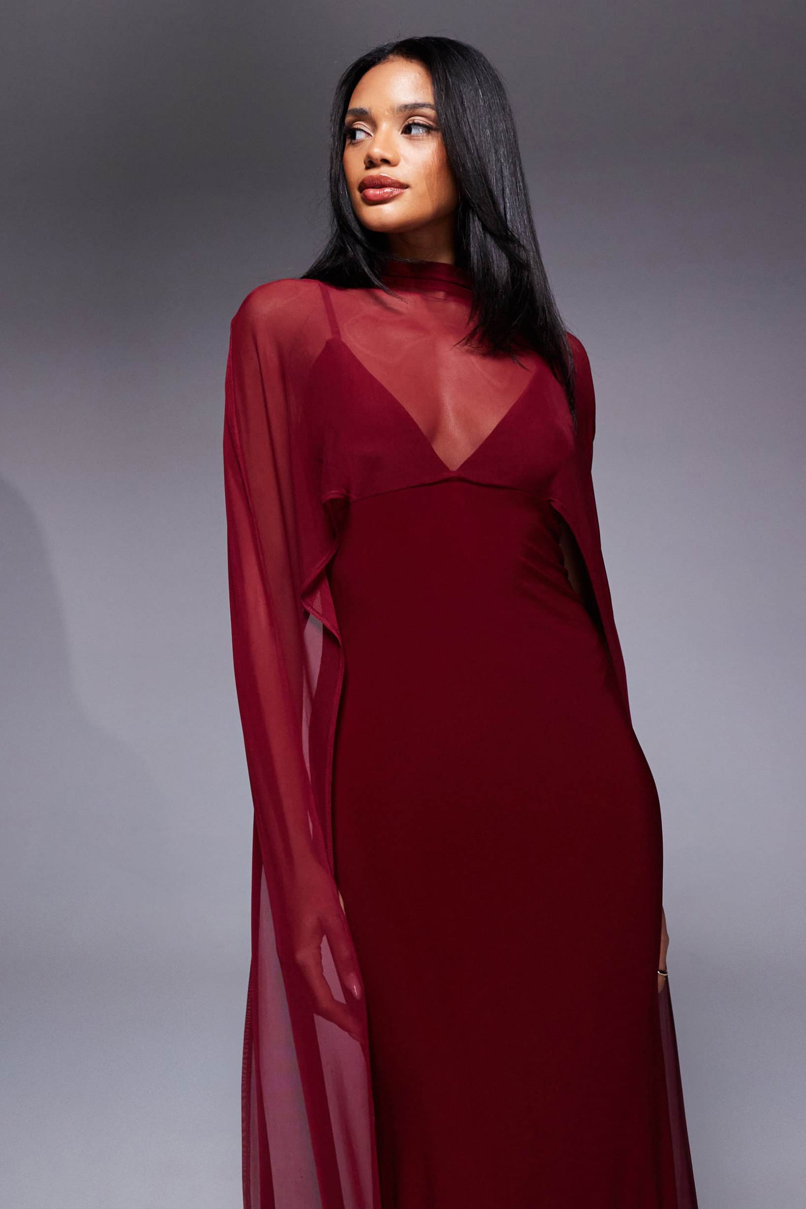 Burgundy Cape-Style Evening Maxi Dress