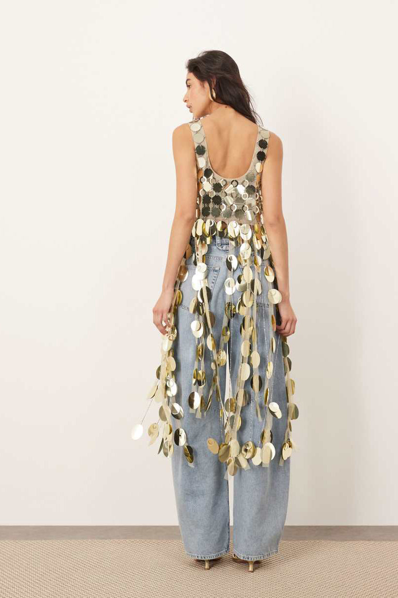 Gold Sequin Crop Top with Long 3D Fringe Hem