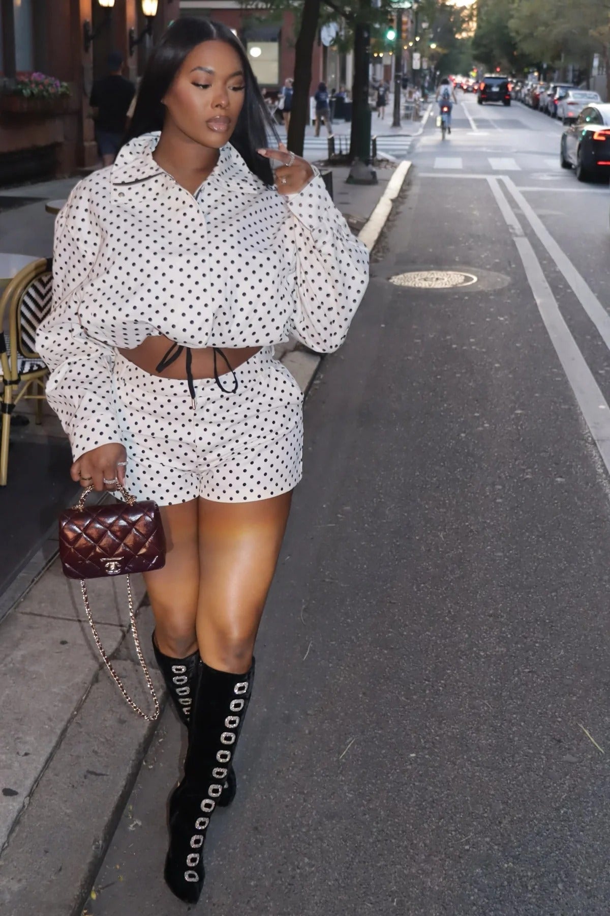 Stand Collar Polka Dot Shorts Set