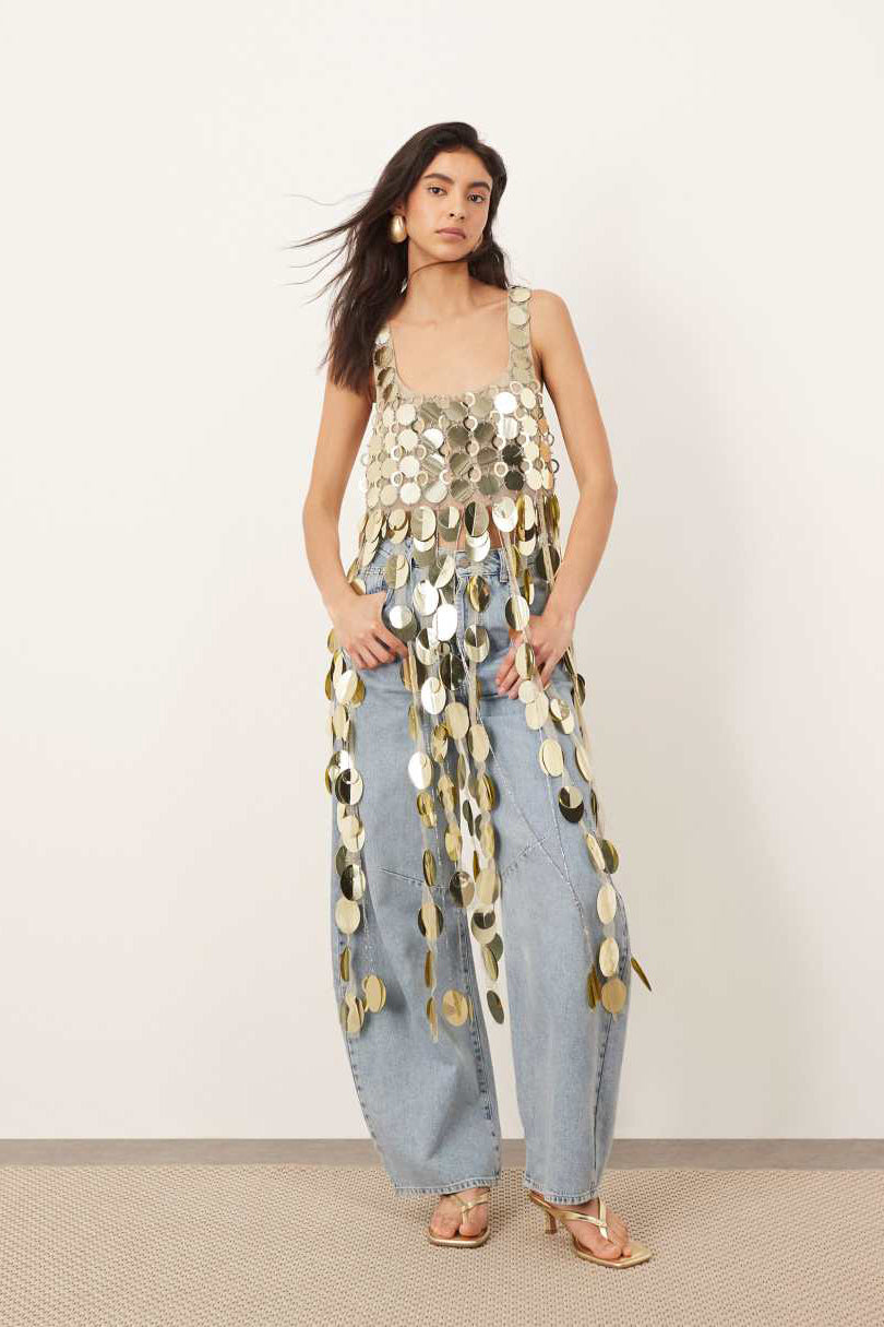 Gold Sequin Crop Top with Long 3D Fringe Hem