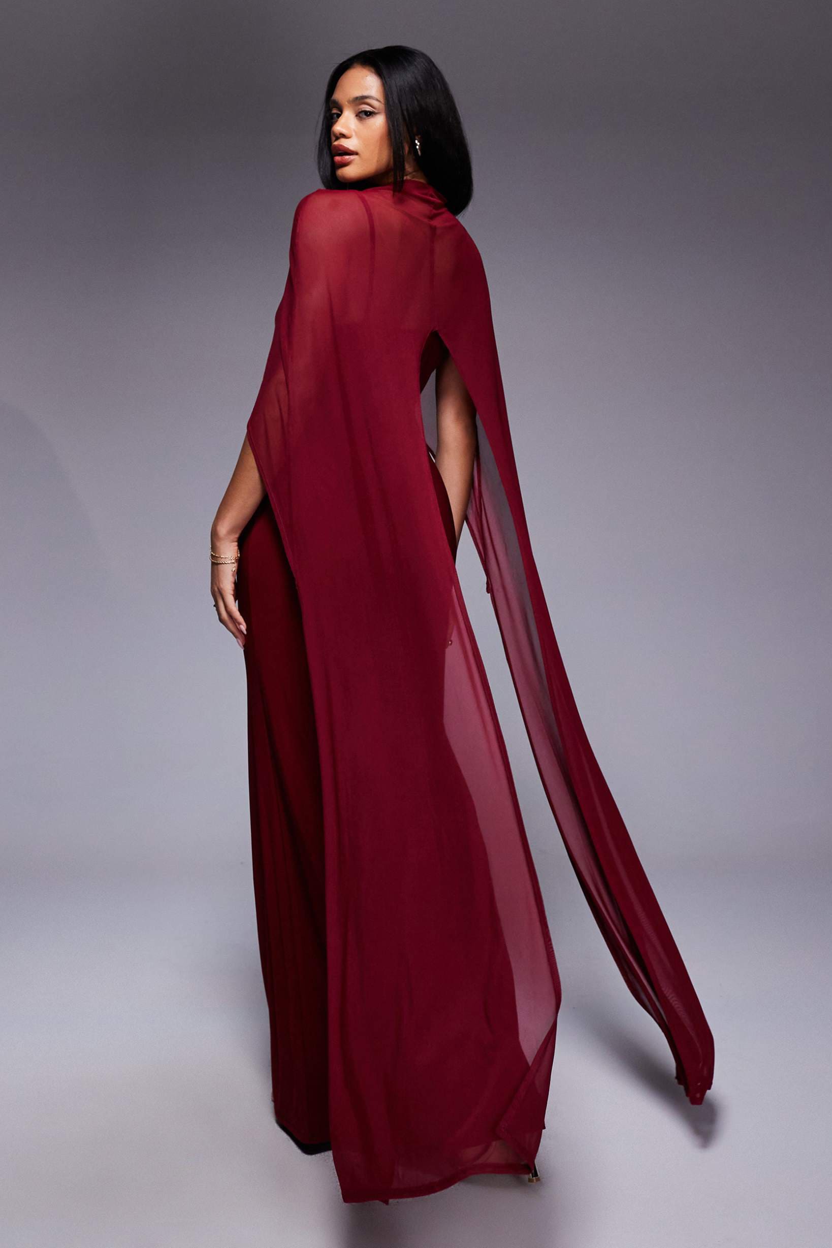 Burgundy Cape-Style Evening Maxi Dress