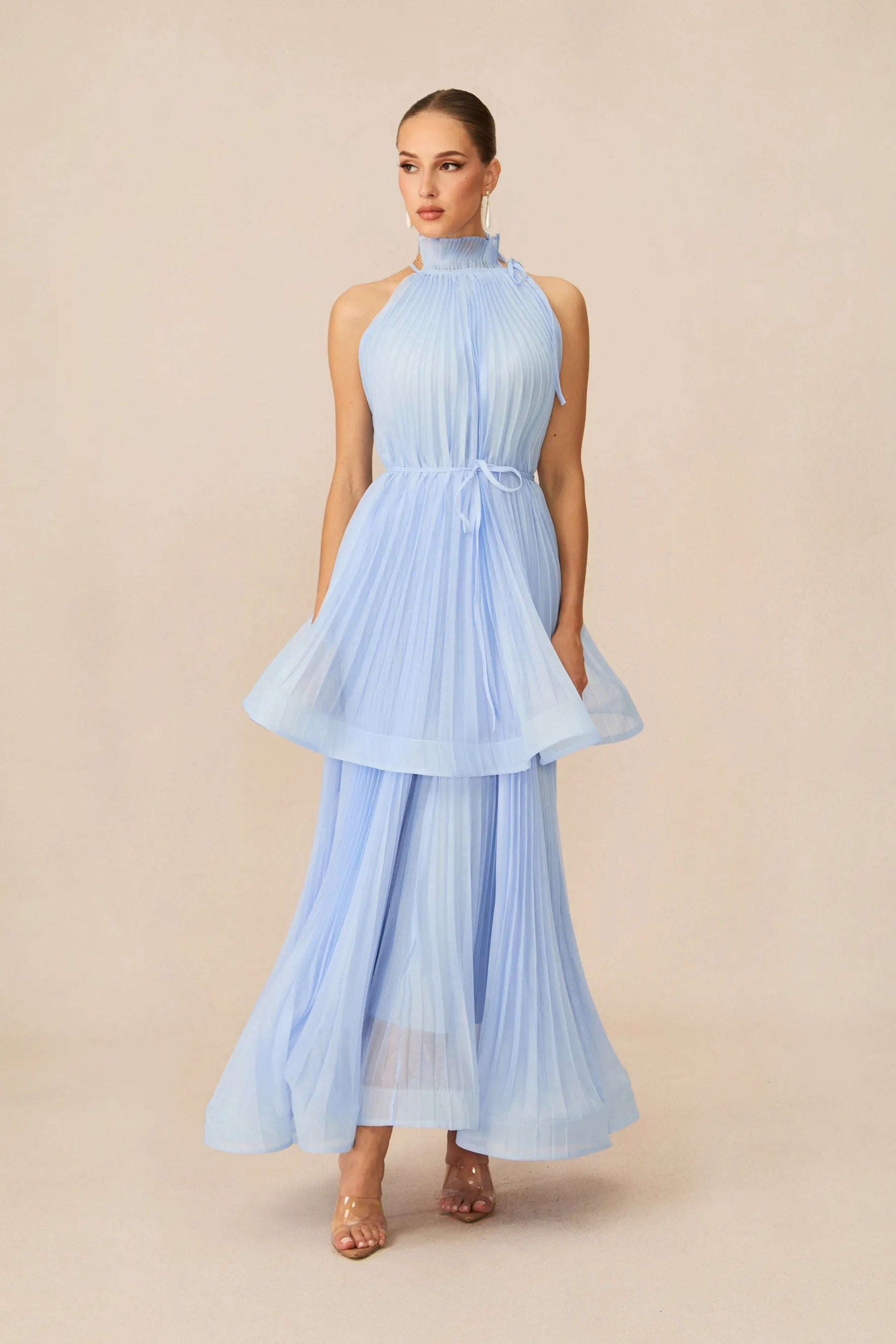 Blue High Neck Sleeveless Pleated Waist Maxi Dress