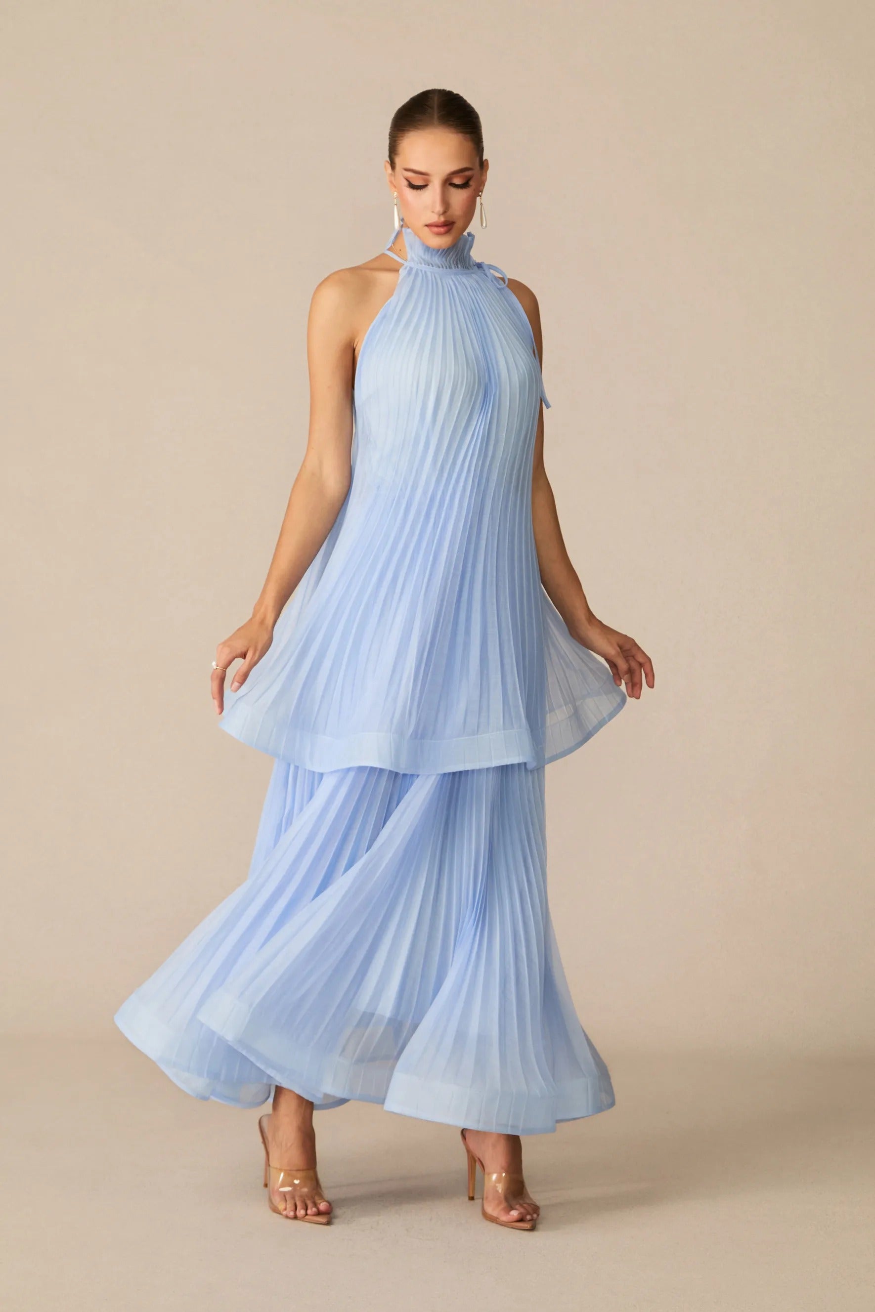 Blue High Neck Sleeveless Pleated Waist Maxi Dress