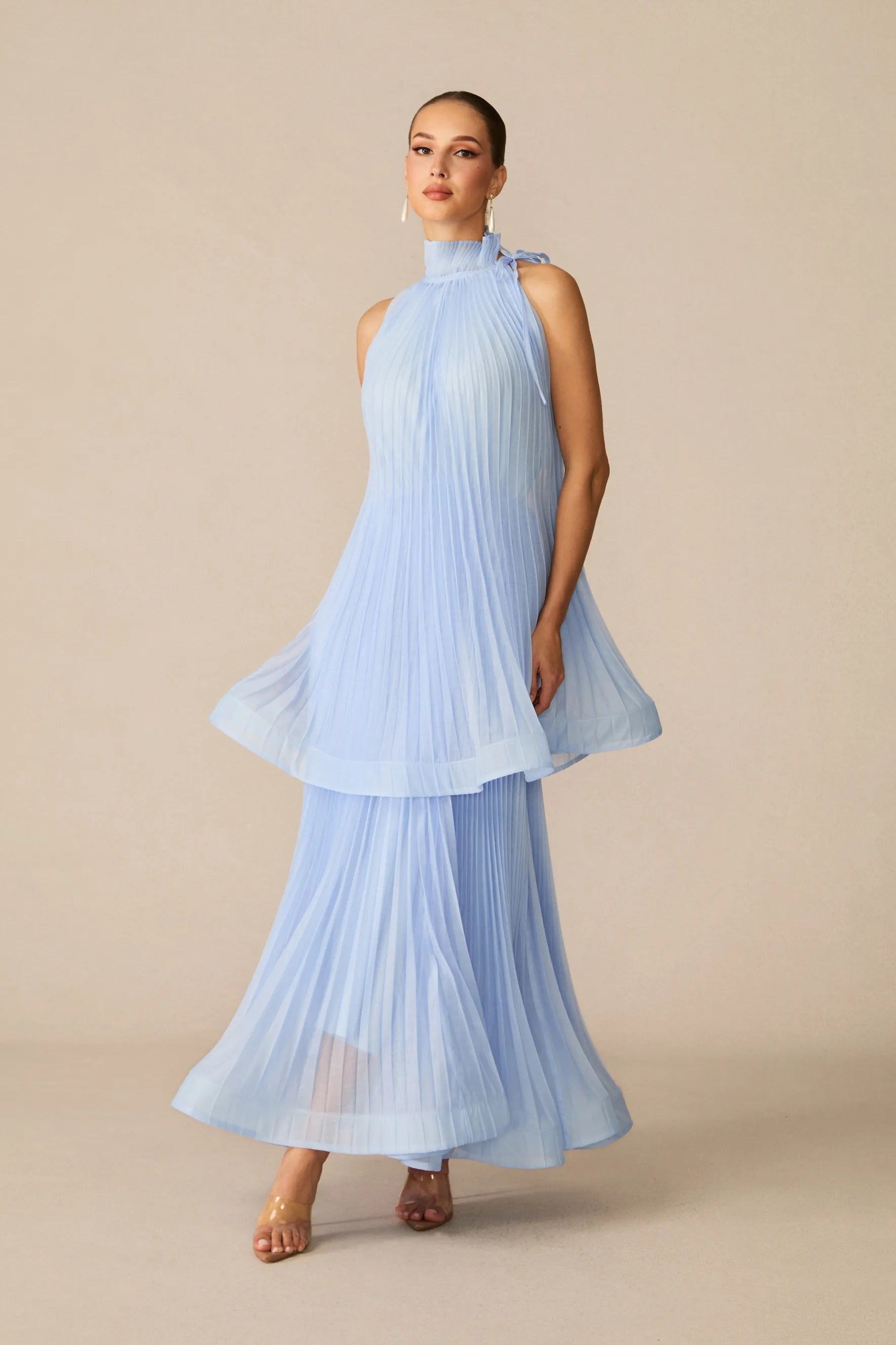 Blue High Neck Sleeveless Pleated Waist Maxi Dress