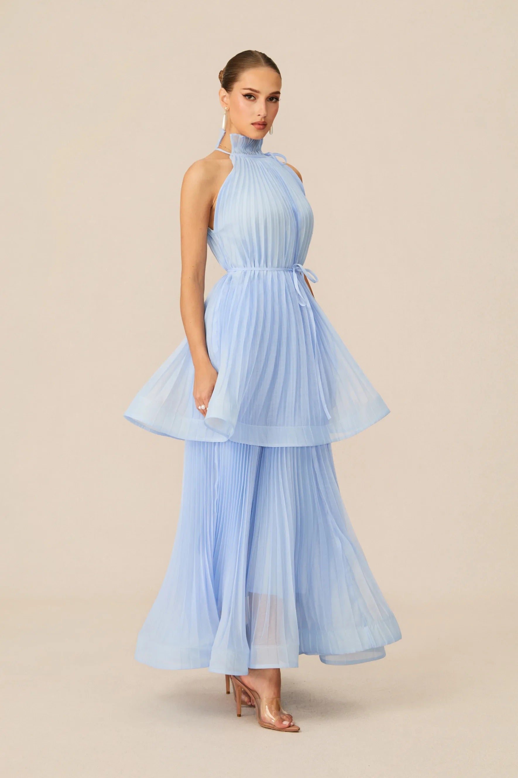 Blue High Neck Sleeveless Pleated Waist Maxi Dress