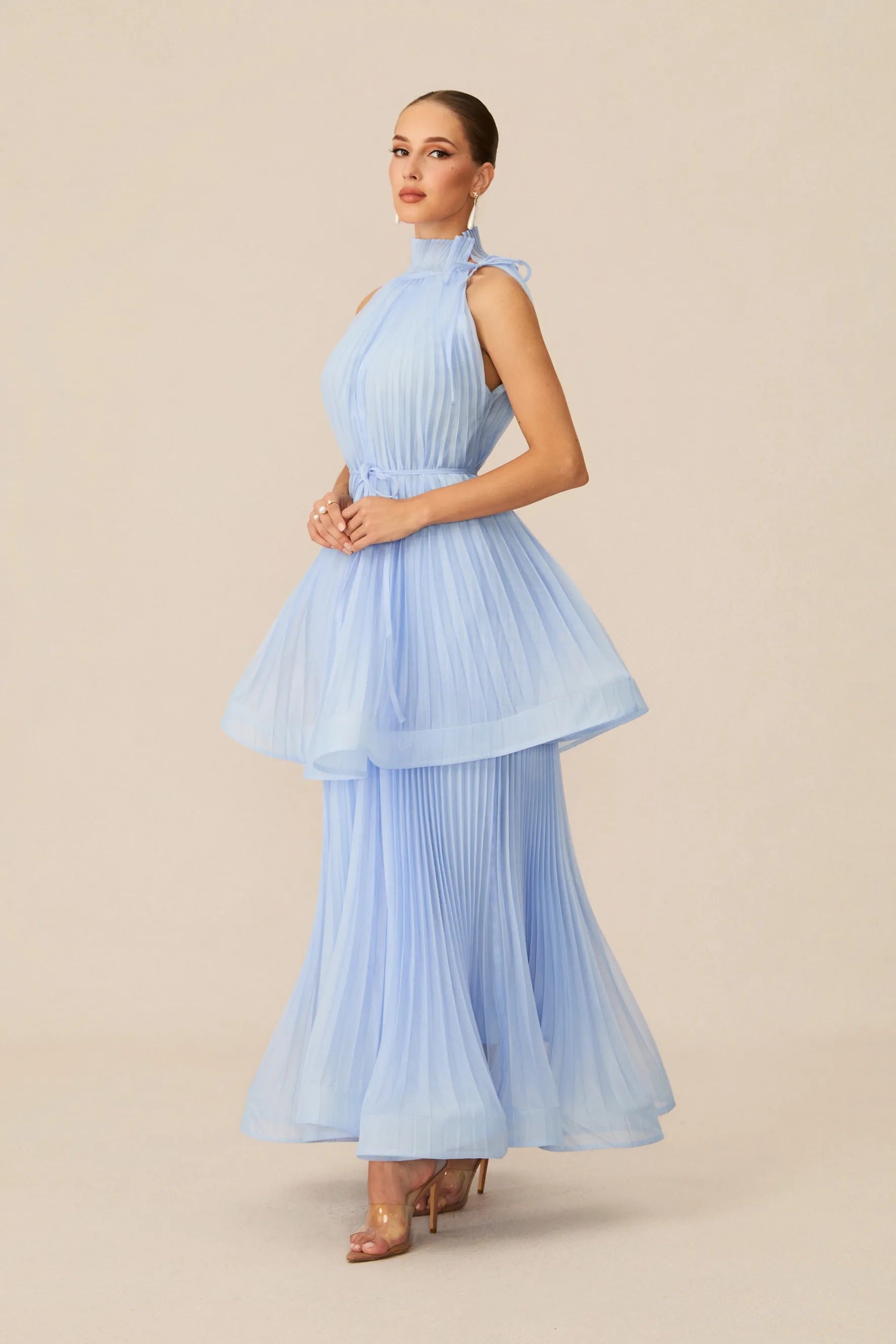 Blue High Neck Sleeveless Pleated Waist Maxi Dress