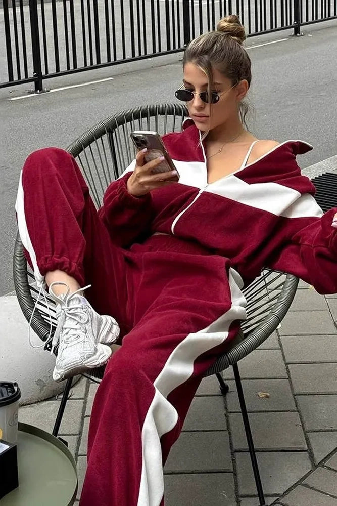Vintage braunes Samt-Hoodie- und locker sitzendes Hosen-Set (inkl. Gürtel)
