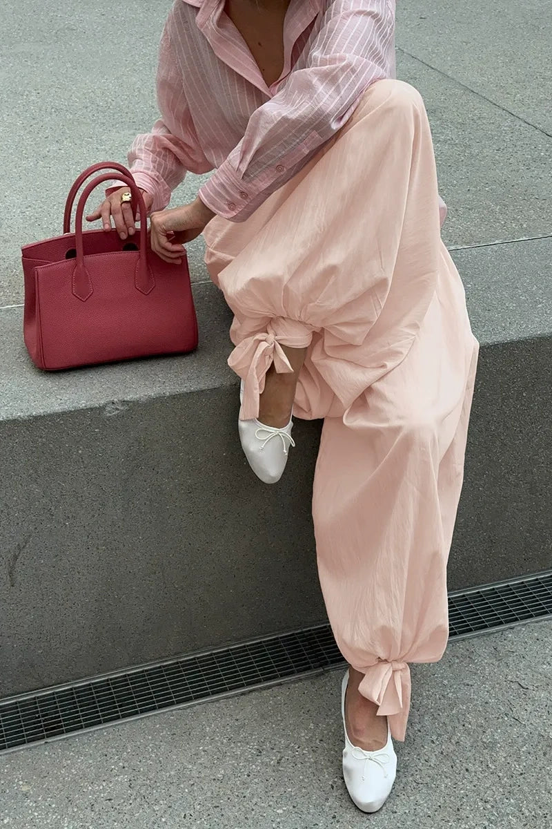 사선 러플 와이드 레그 팬츠