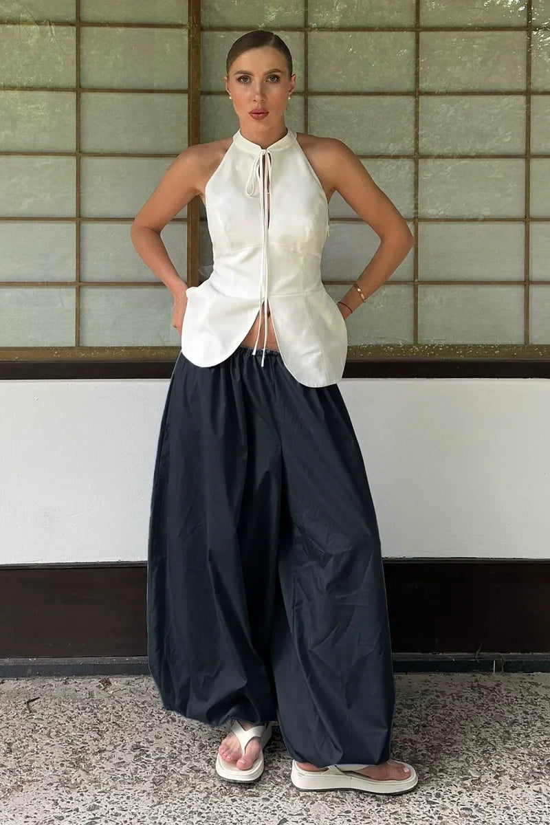 Pantalon large à volants diagonaux