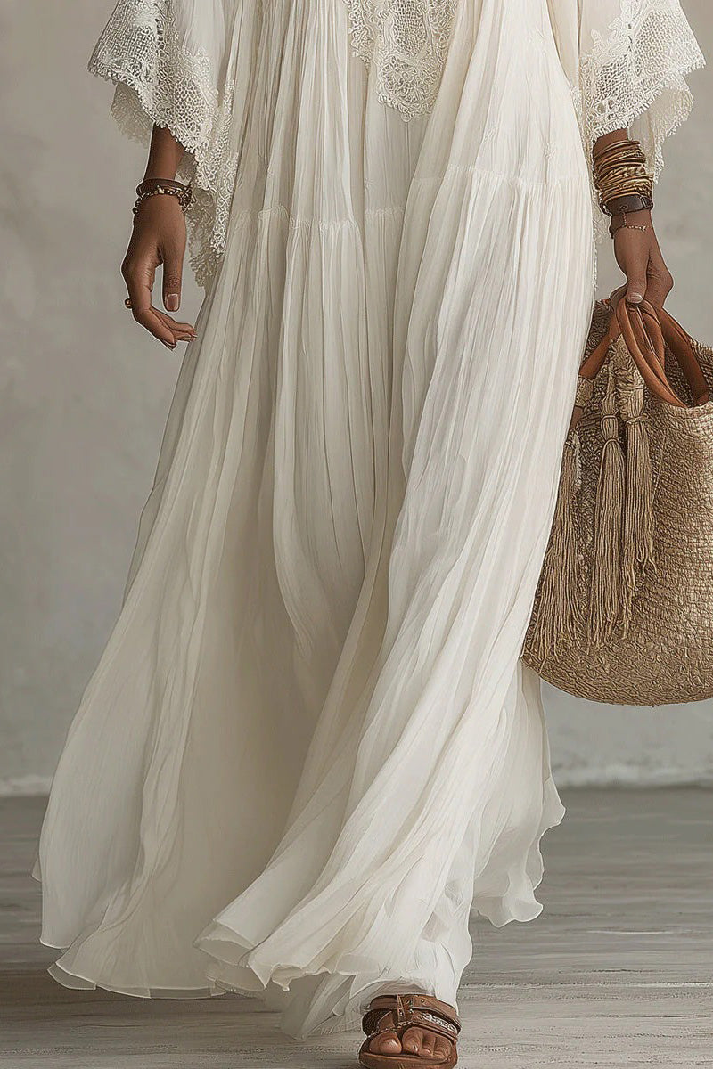 Weißes Spitzen-Maxikleid aus Chiffon mit V-Ausschnitt und Fledermausärmeln
