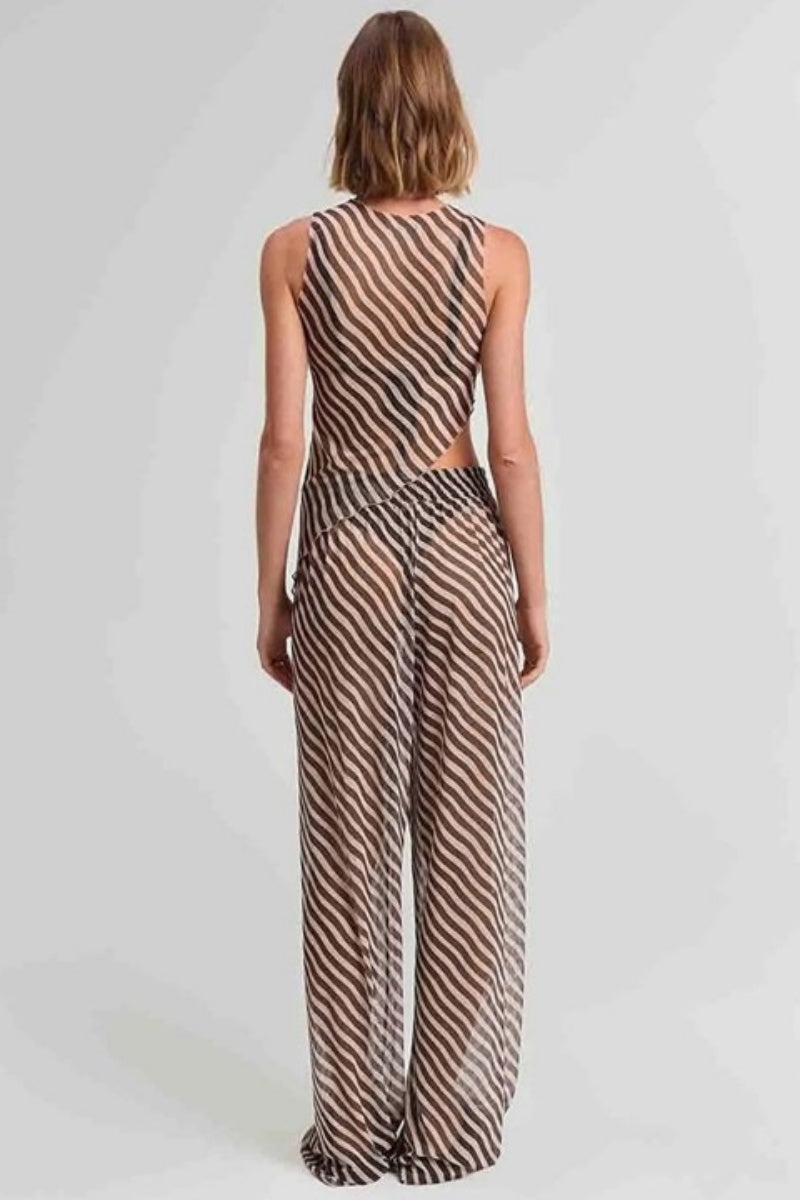 Diagonal Striped Sheer Irregular Top Loose Pants Set