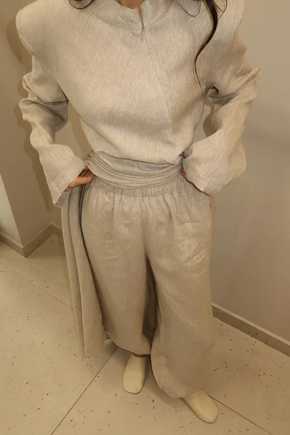 Beige Oversized Structured Pants Set