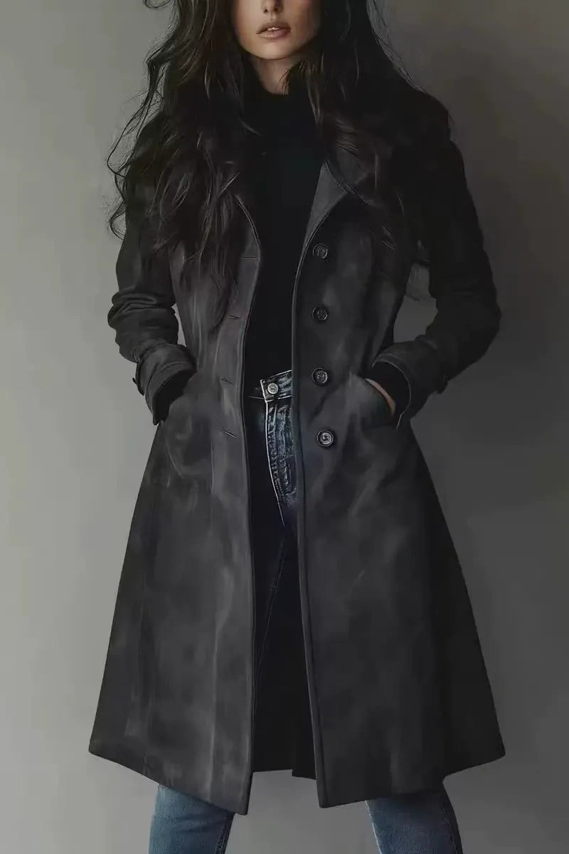 Long Button-Front Trench Coat