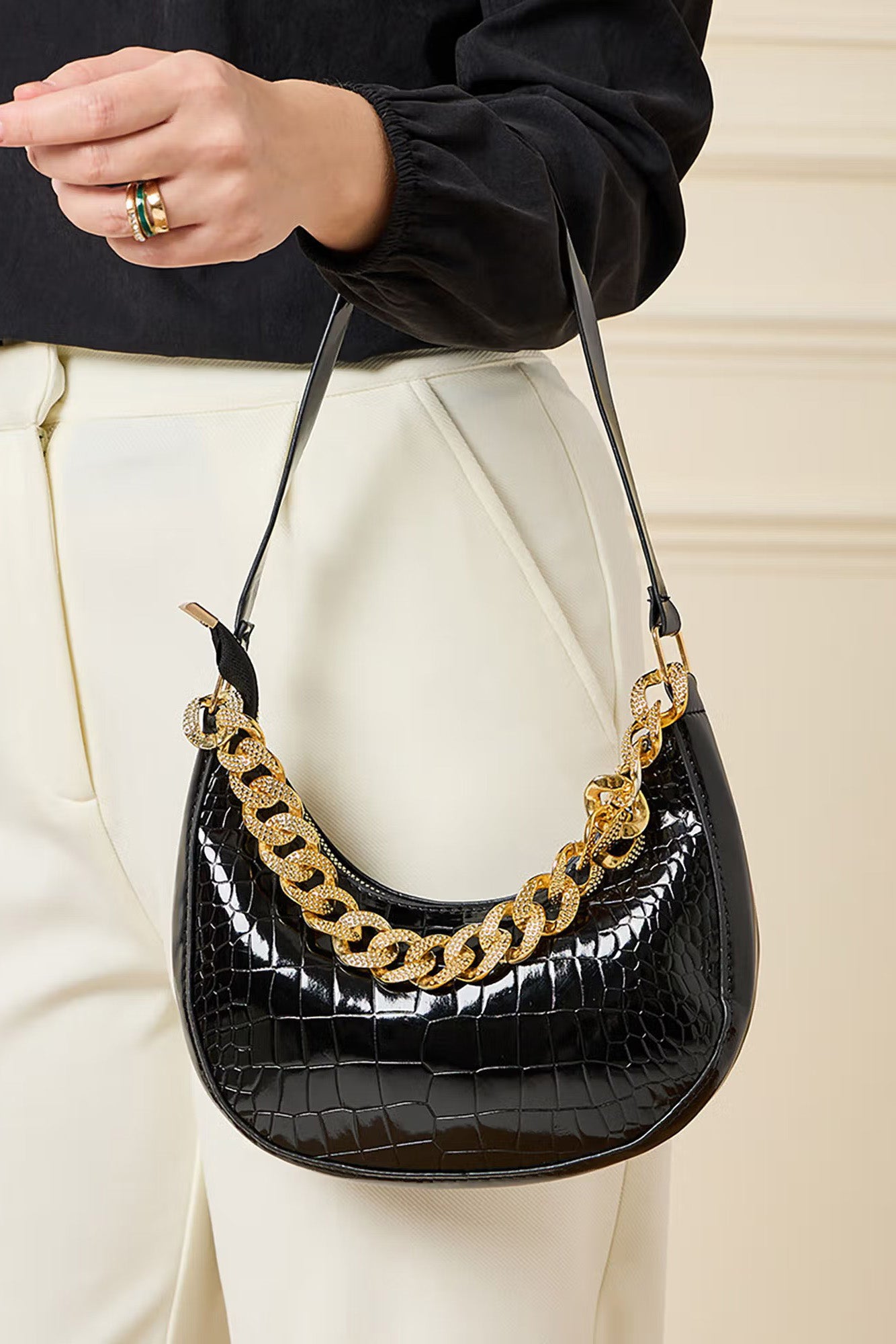 Black Patent Croc Moon Bag