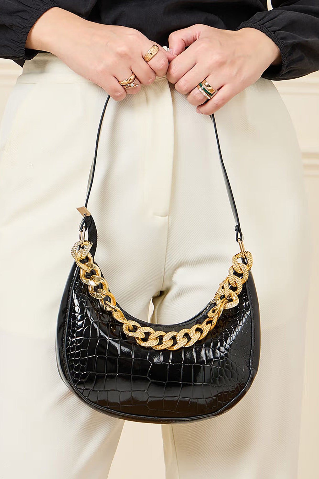 Black Patent Croc Moon Bag