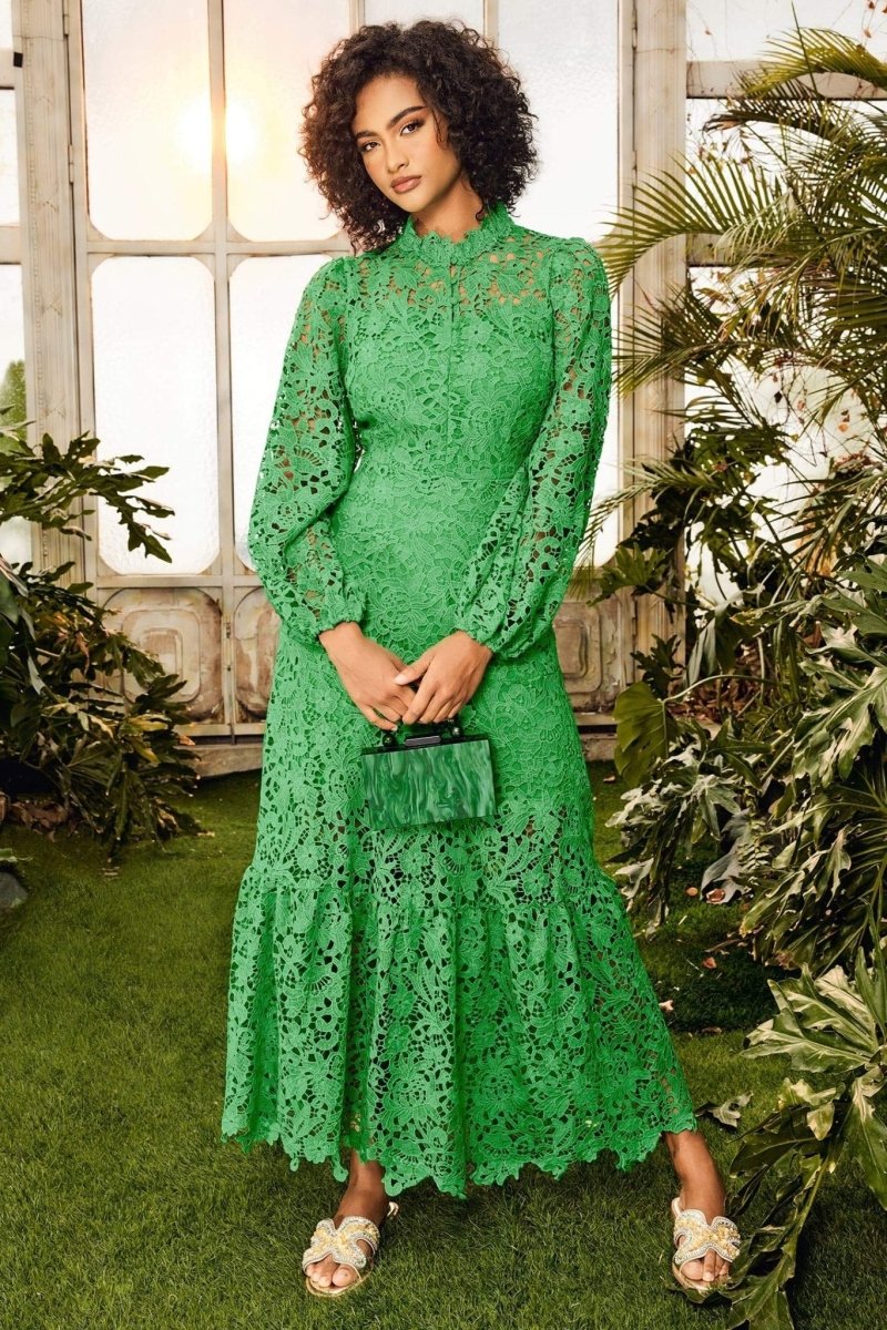 green lace maxi dress Joa Embroidered Trimmed Flare TOP 10 BEST Affordable making it the ultimate 20's dresses Size:9 - 9.5 US