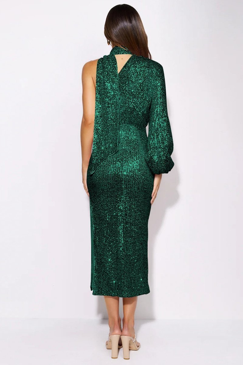 주디스 세퀸 홀터넥 아심메트리 미디 드레스