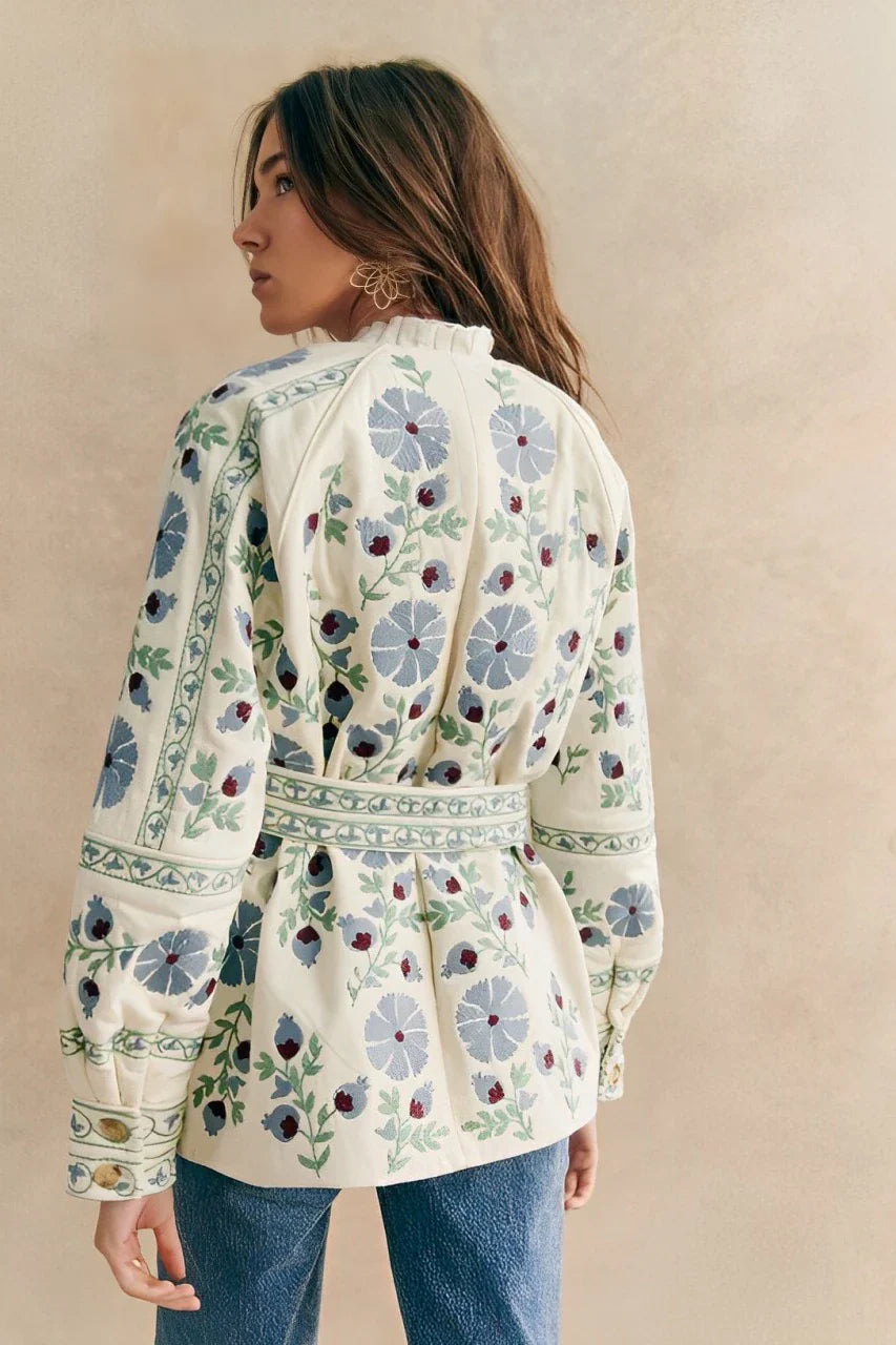 Gündelik Sokak Çiçekleri Bağcıklı Düğmeler Patchwork O Yaka Dış Giyim