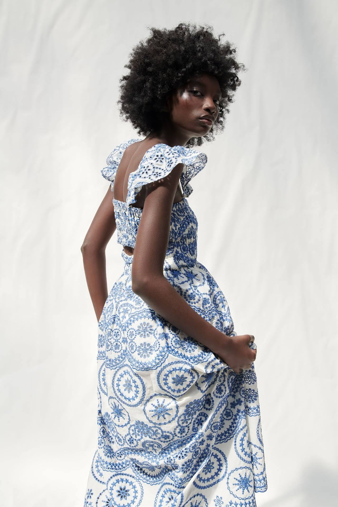 Maud Embroidered Lace Shirred Bodice Midi Dress