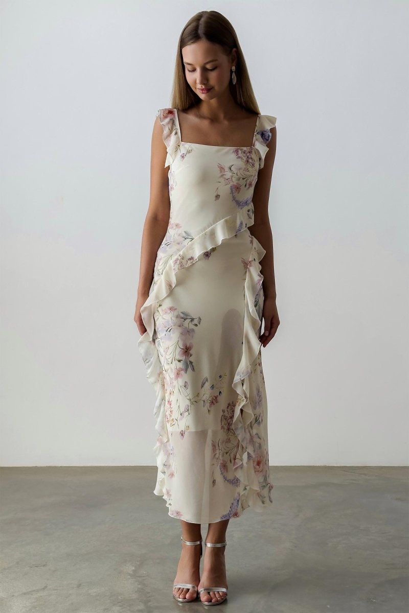 - Naomi Floral Ruffle Trimmed Cami Slit Midi Dress - SD00707303241 - White - S - Sunfere