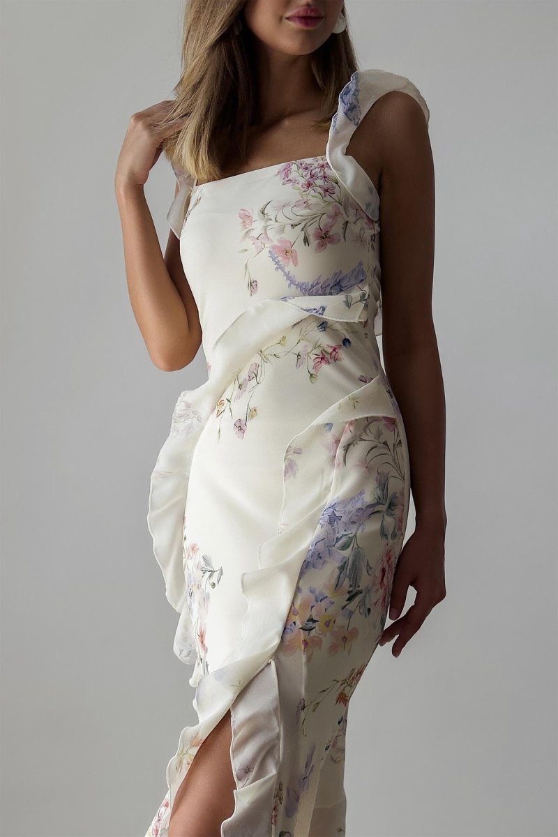 - Naomi Floral Ruffle Trimmed Cami Slit Midi Dress - SD00707303241 - White - S - Sunfere