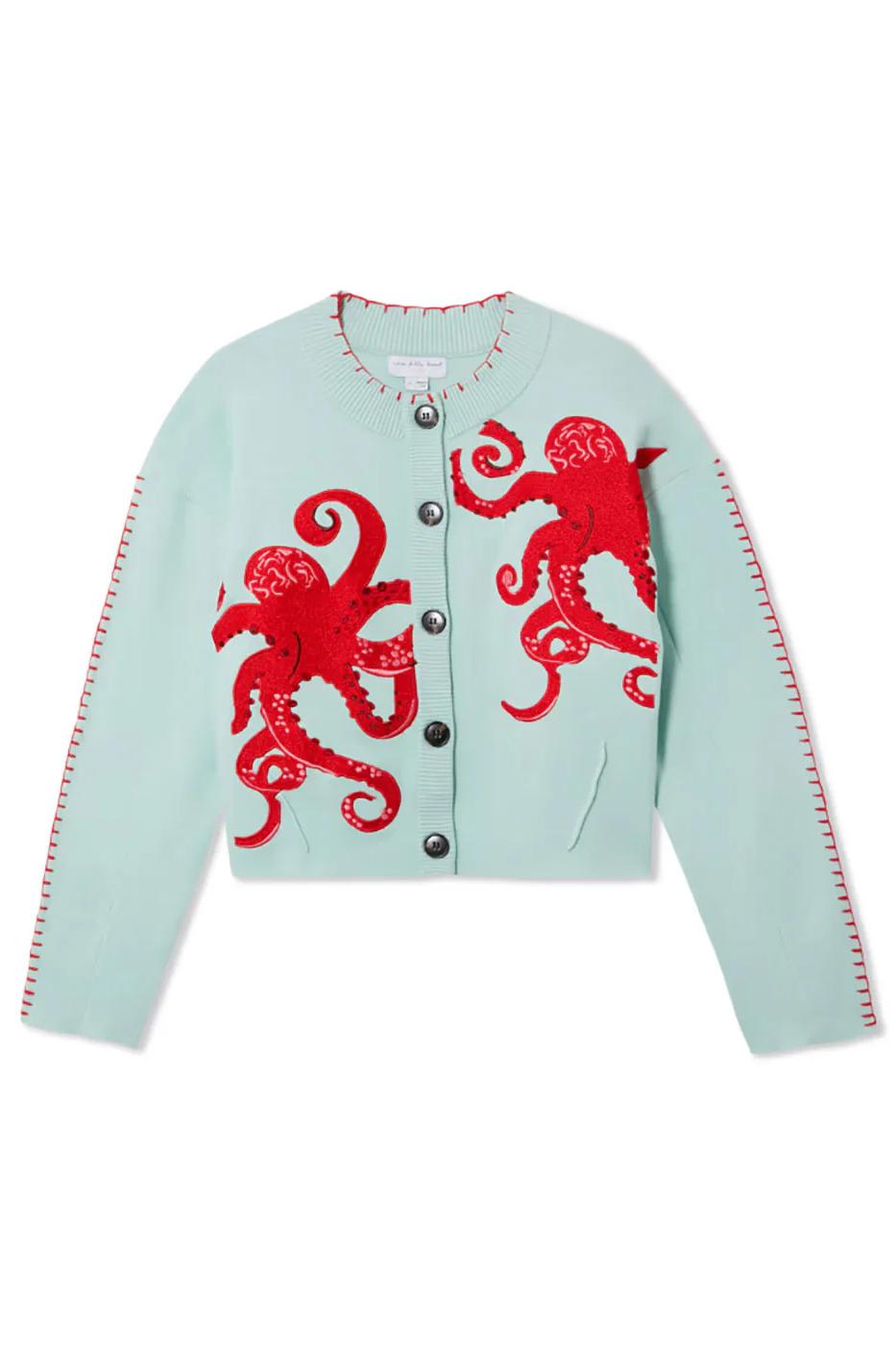 Octopus Embroidered Mint Green Cropped Cardigan