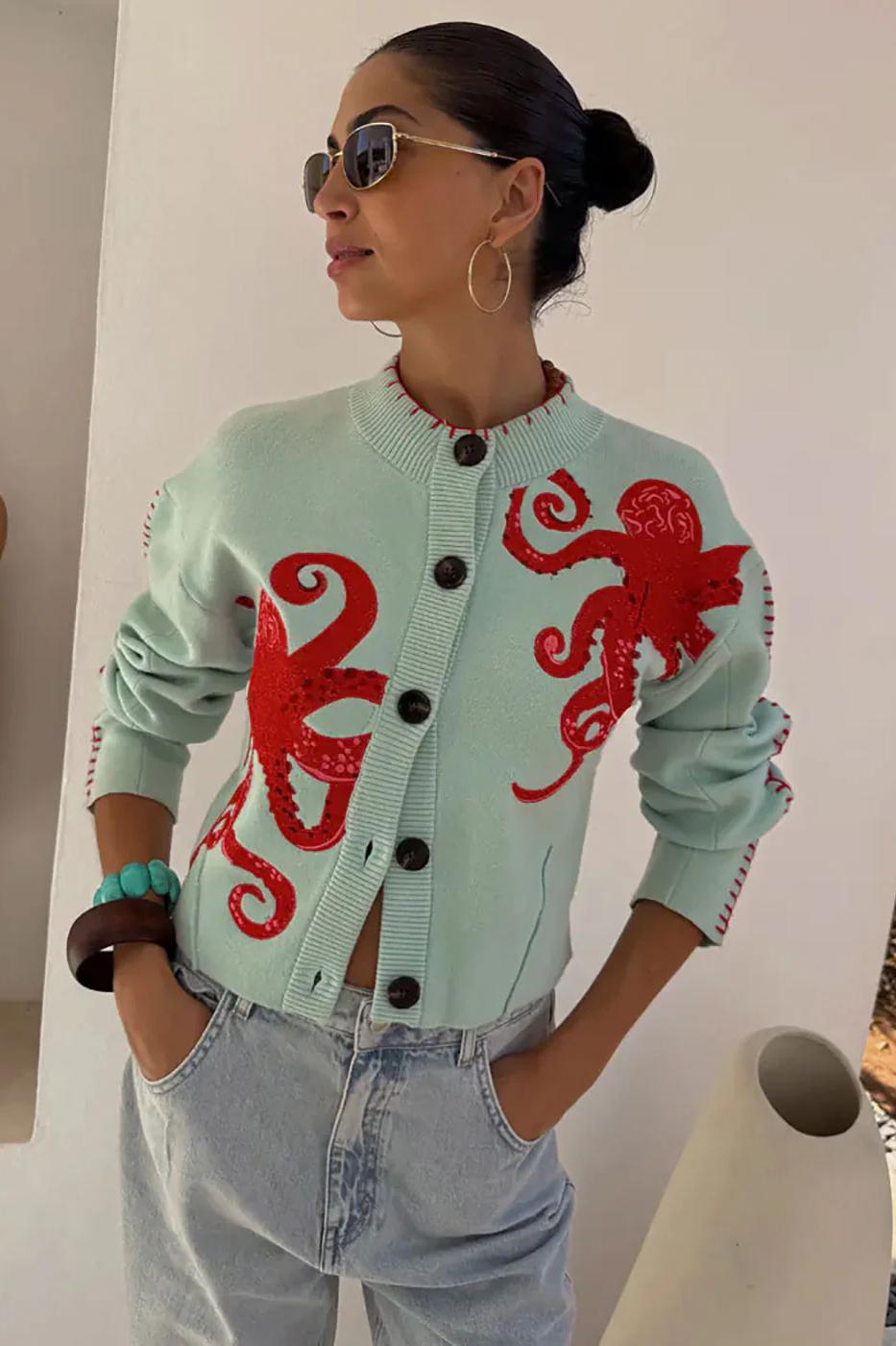 Octopus Embroidered Mint Green Cropped Cardigan