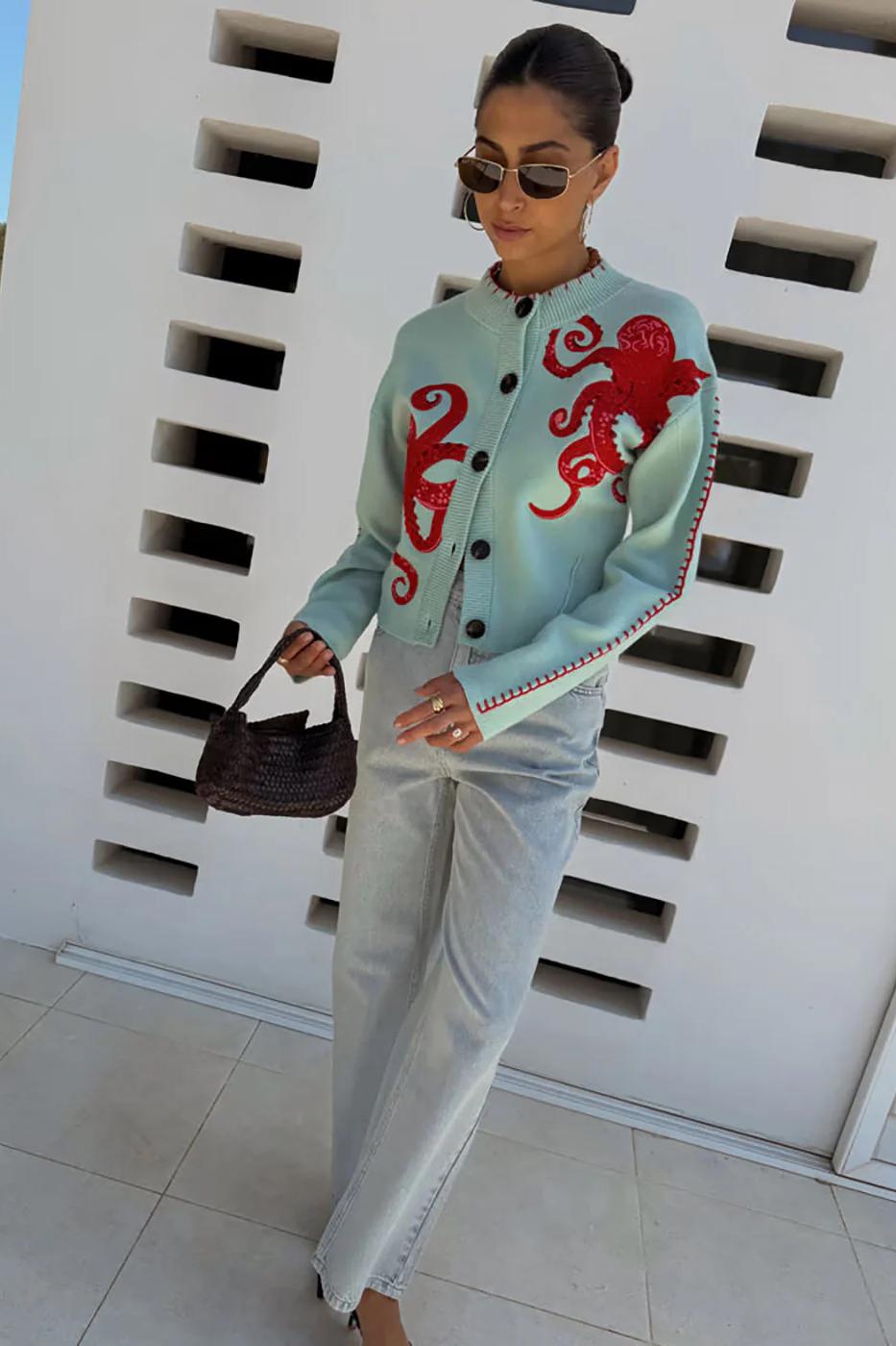 Octopus Embroidered Mint Green Cropped Cardigan
