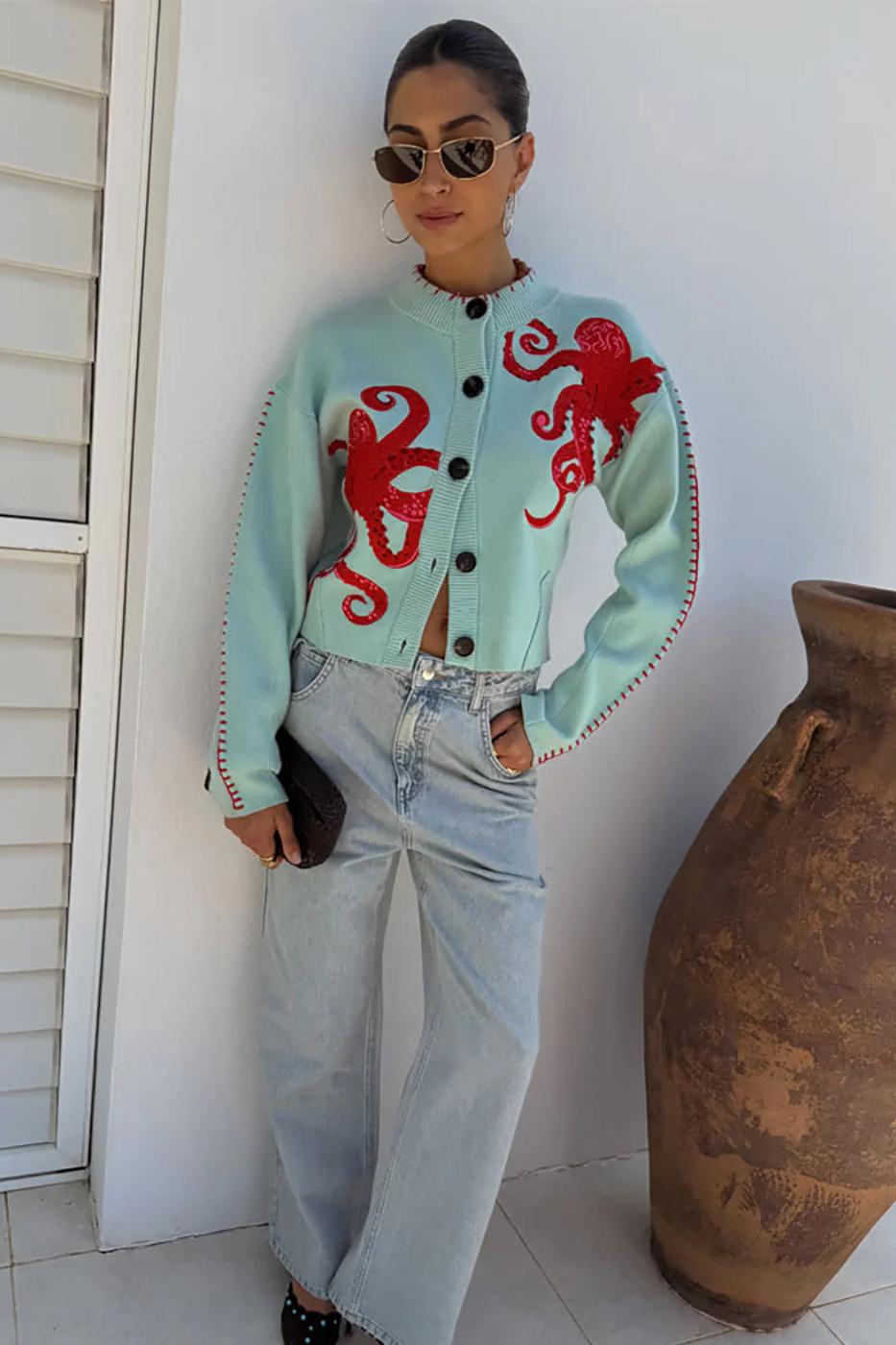 Octopus Embroidered Mint Green Cropped Cardigan