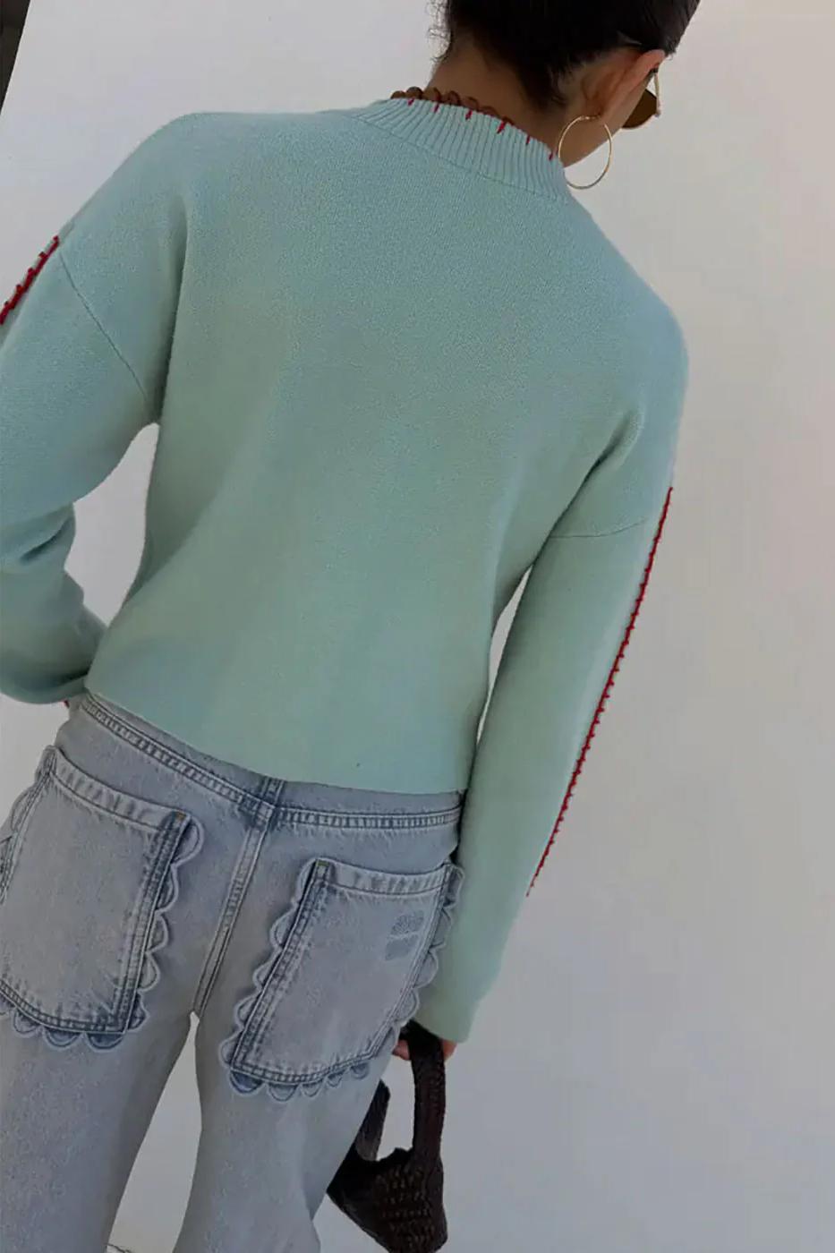 Octopus Embroidered Mint Green Cropped Cardigan
