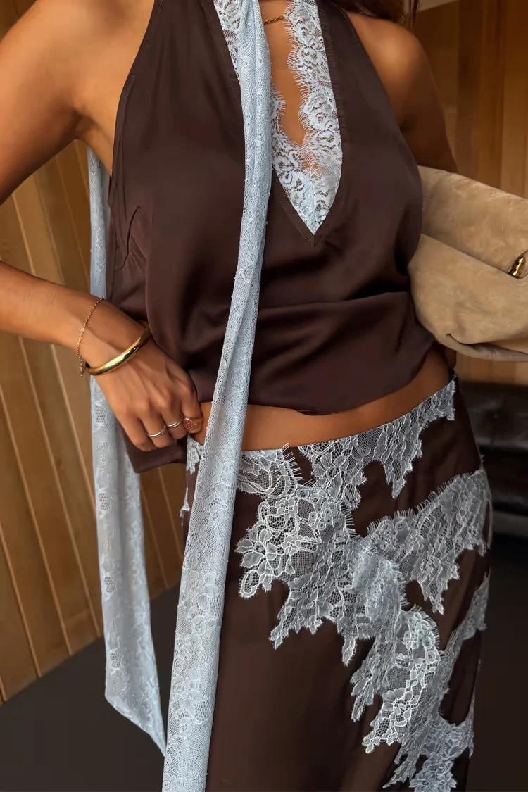 Contrast Lace Halter Neck Skirt Set