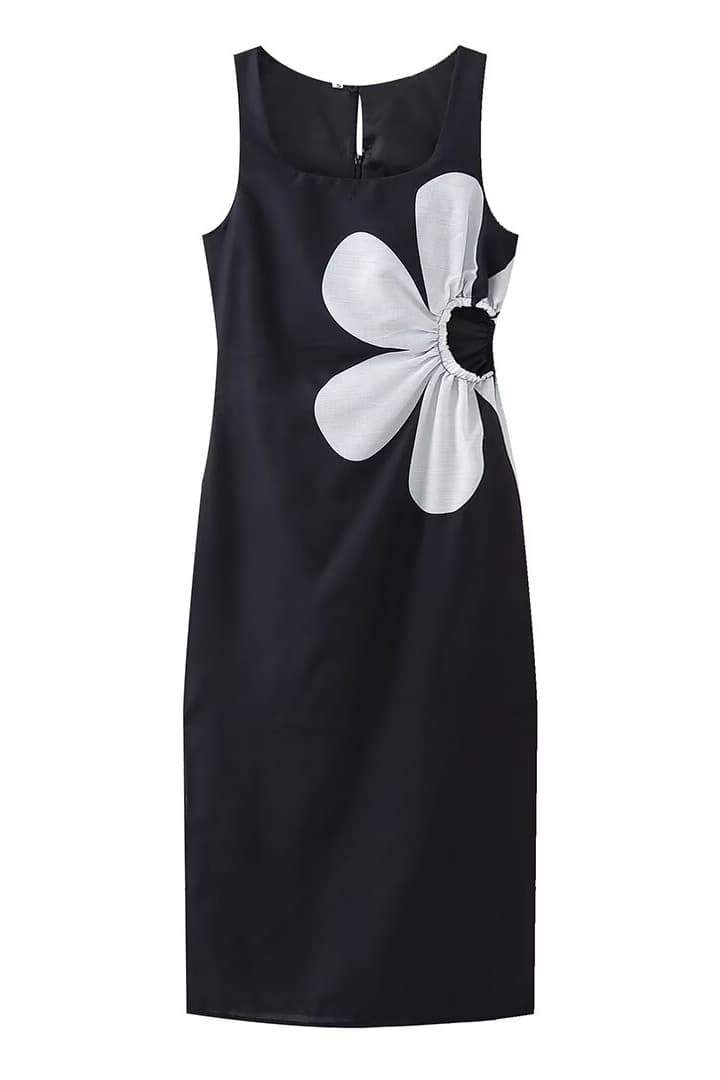 오필리아 플로럴 프린트 컷아웃 미디 드레스