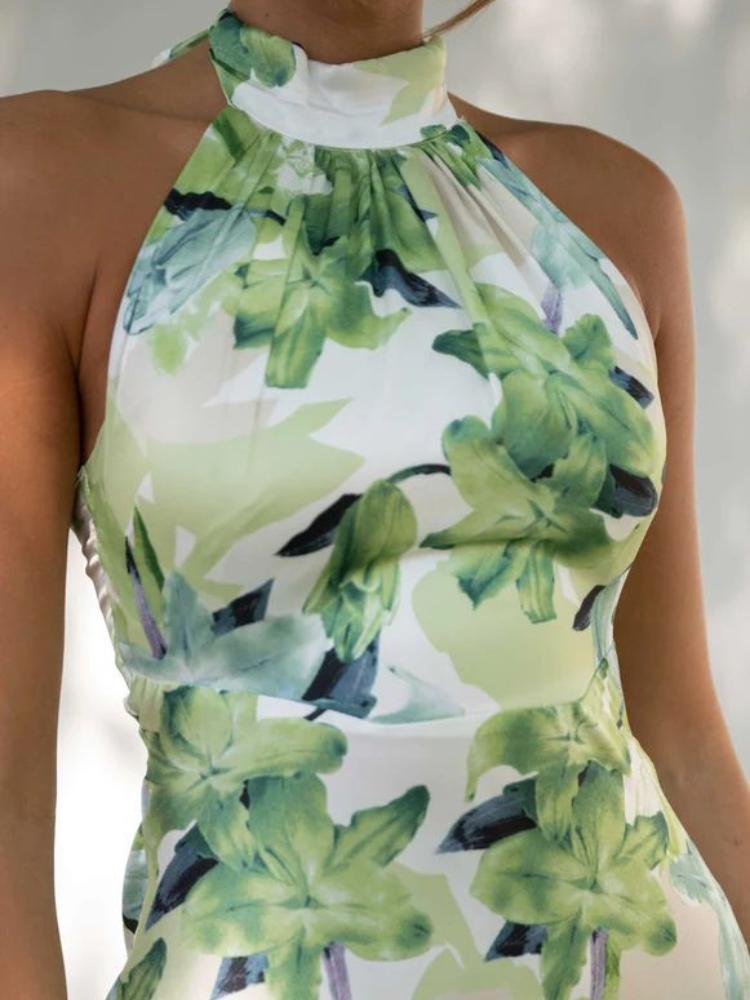 Abito midi in raso con scollo all'americana e schiena scoperta stampato Gill