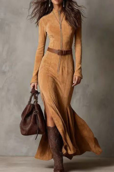 Elegant Dark Brown Suede Drawstring Irregular Midi Dress