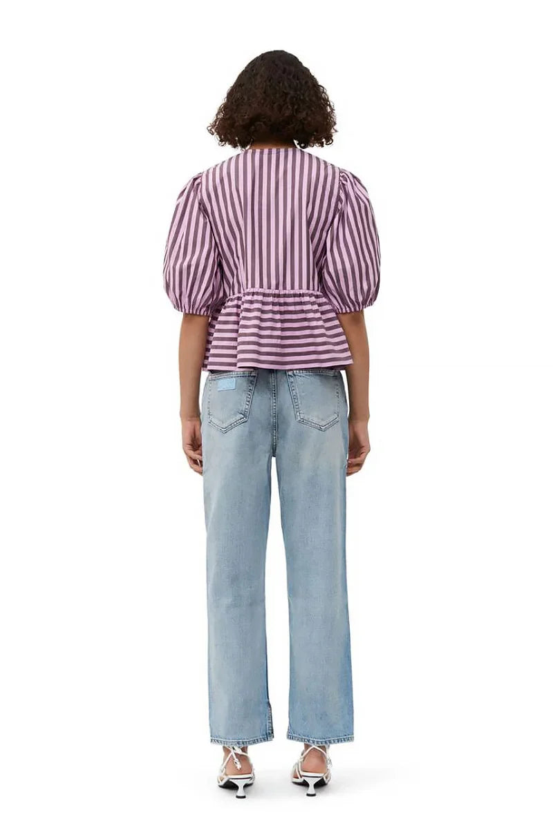 Stripes Puff Sleeve Peplum flugor Blus Kort Topp