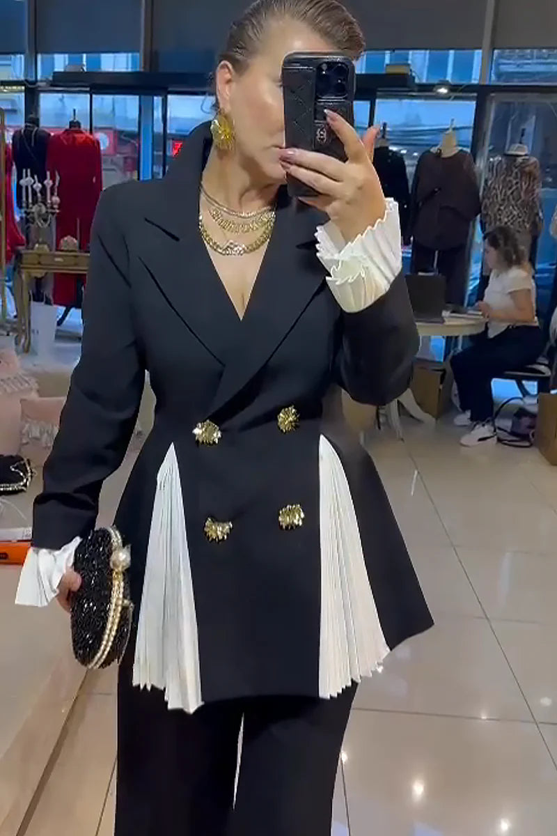 Pleated Accents Double Breasted Blazer