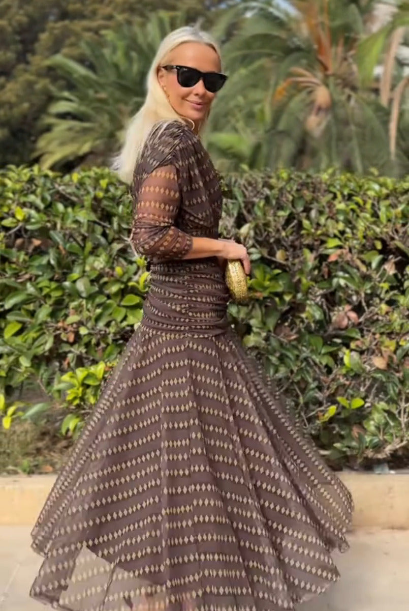 Bohemian Patterned V Neck Mesh Maxi Dress