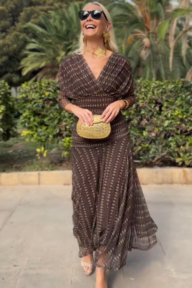 Bohemian Patterned V Neck Mesh Maxi Dress