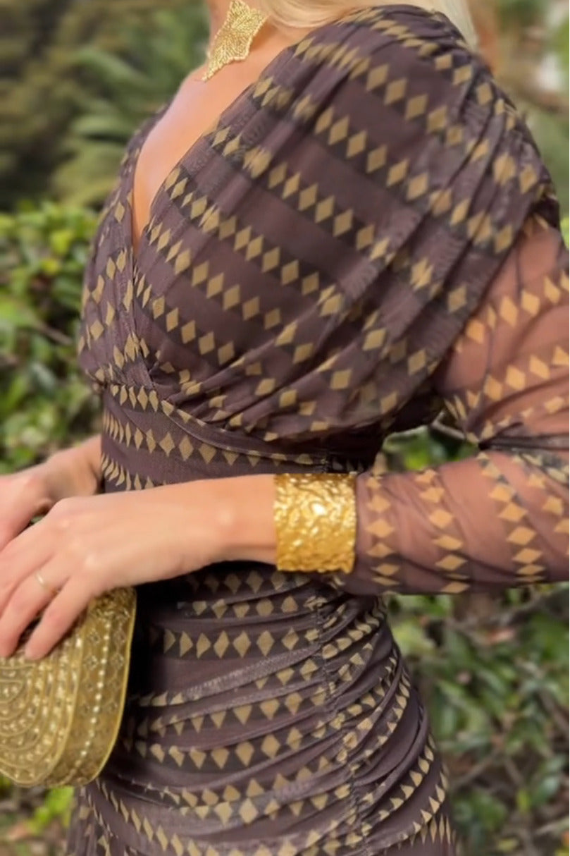 Bohemian Patterned V Neck Mesh Maxi Dress